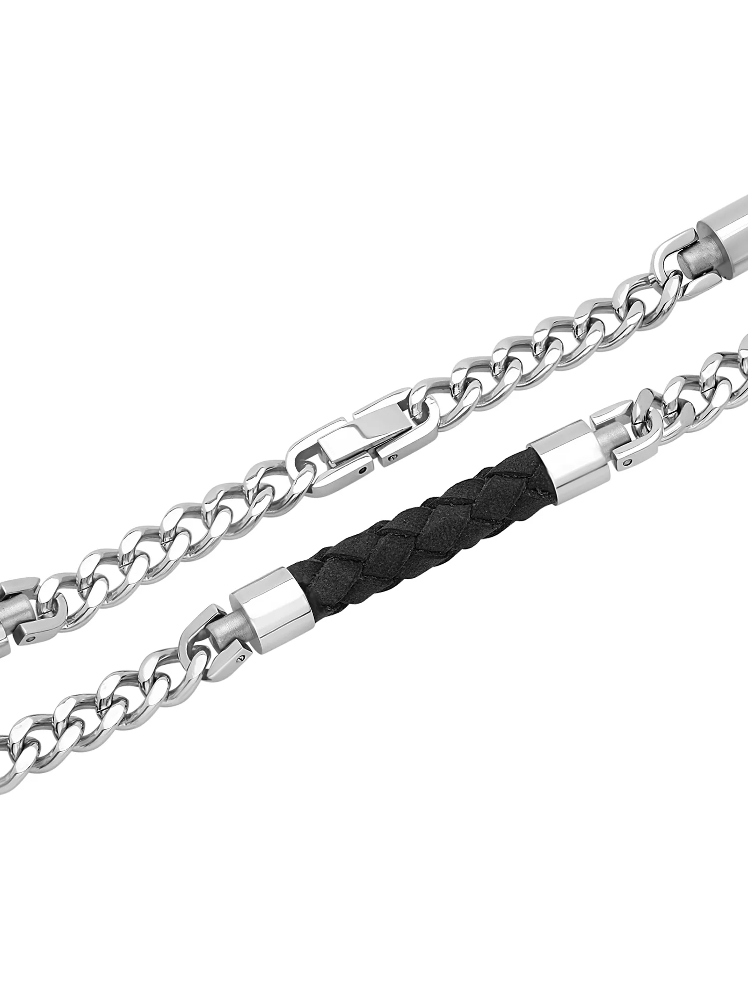 Men's Stainless Steel and Black Leather Weave Curb Chain - Mens Necklace, 24