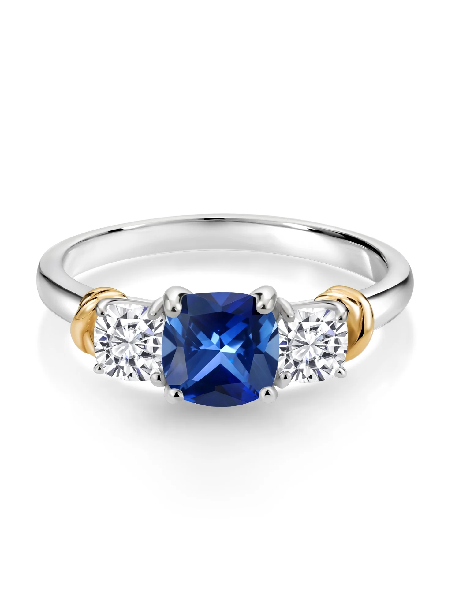 925 Sterling Silver and 10K Yellow Gold Blue Created Sapphire and White Moissanite 3 Stone Engagement Ring For Women (1.64 Cttw, Cushion Cut 6MM and 4MM, Available In Size 5, 6, 7, 8, 9)