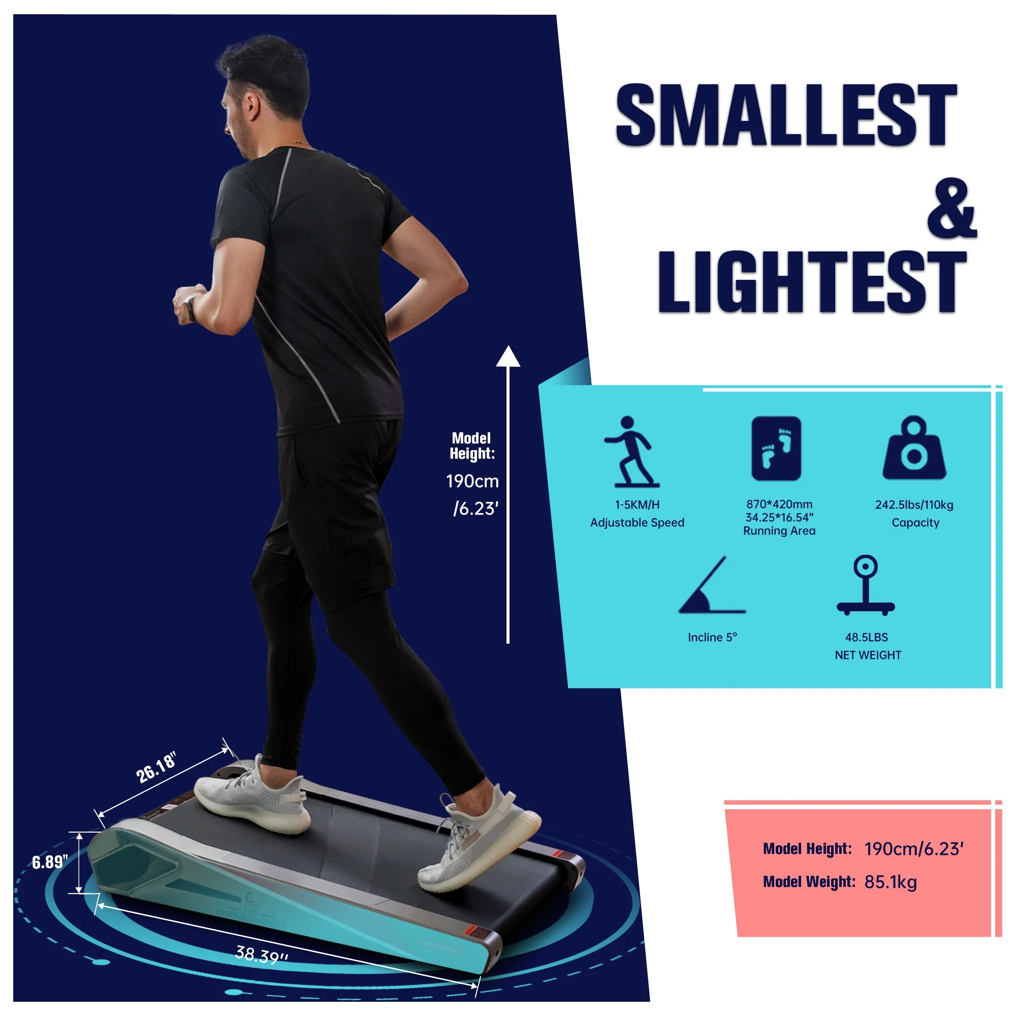 Egofit Walker Pro Smallest Under Desk Electric Walking Treadmill for Home 2.0HP 5 Incline