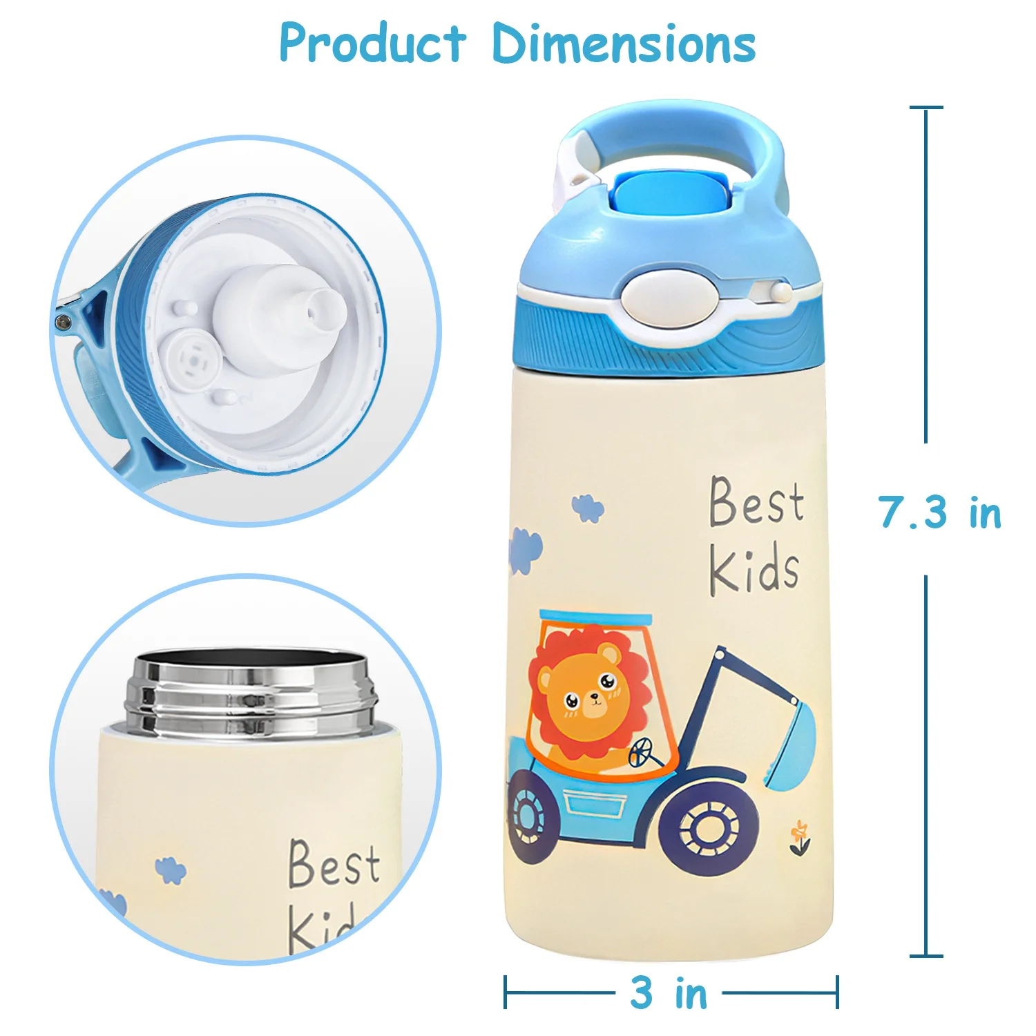 Insulated Kids Water Bottle iMounTEK 13.5Oz 316 Stainless Steel Leak-proof Water Bottle with Straw Push Button Lock Switch BPA Free & Leak-Proof for School Toddlers Boys Girls Dinosaur