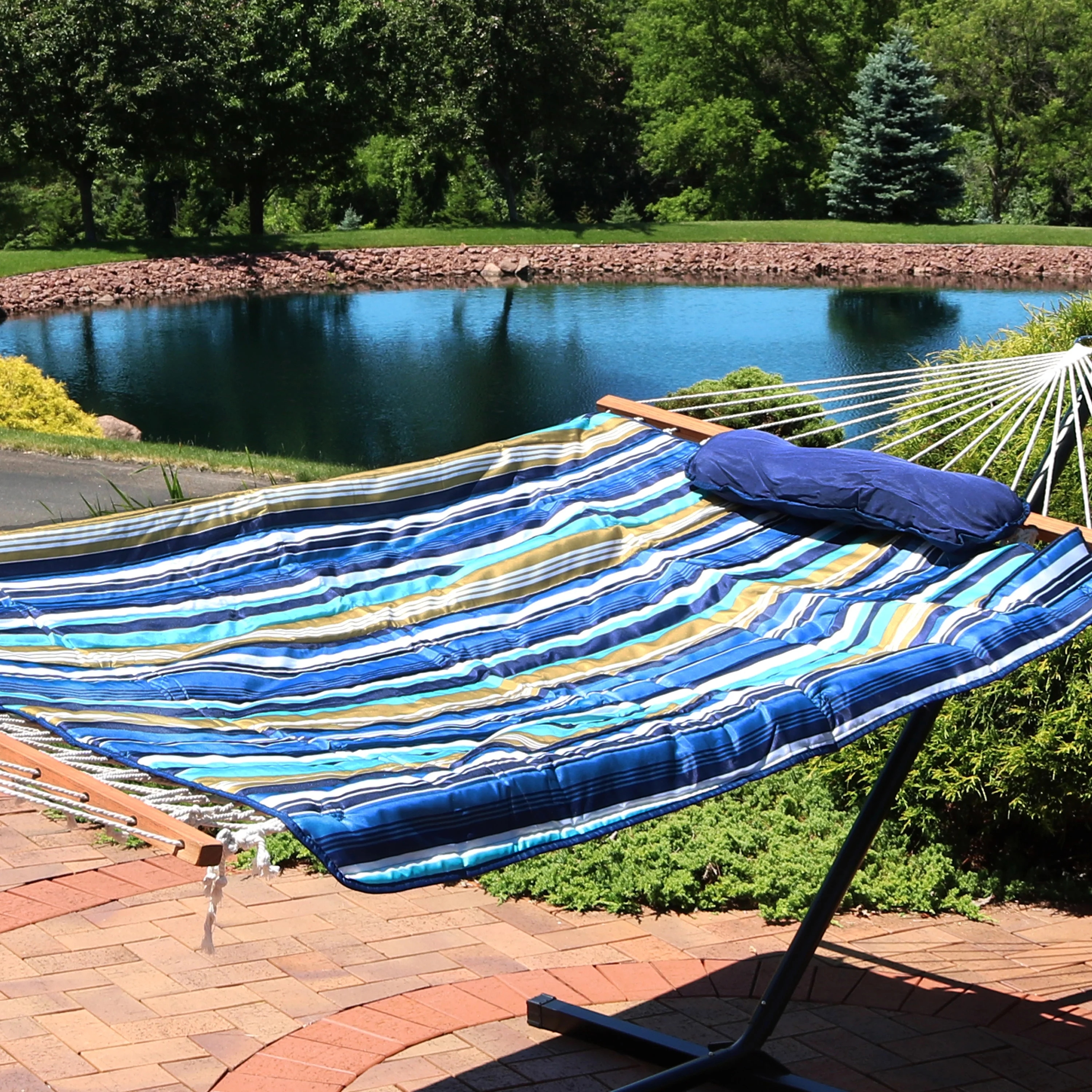 Sunnydaze Rope Hammock with 12' Steel Stand, Pad, and Pillow - Lakeview