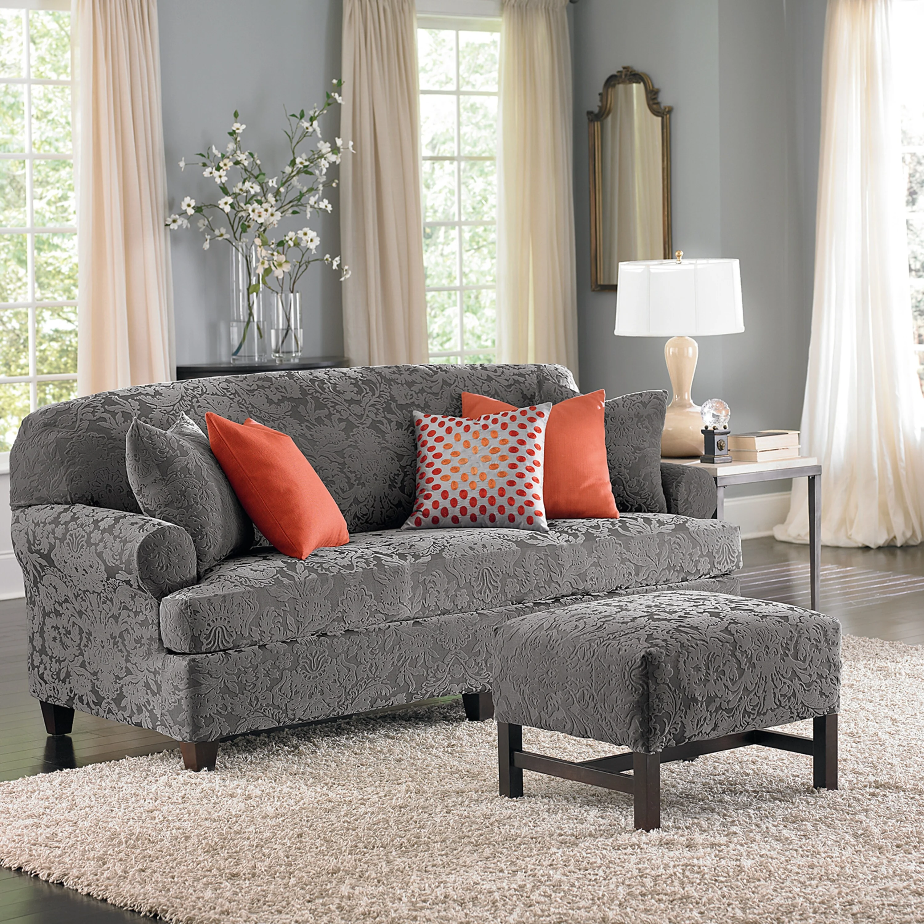 SureFit  Stretch Jacquard Damask 2 Piece T Cushion Sofa Slipcover Gray