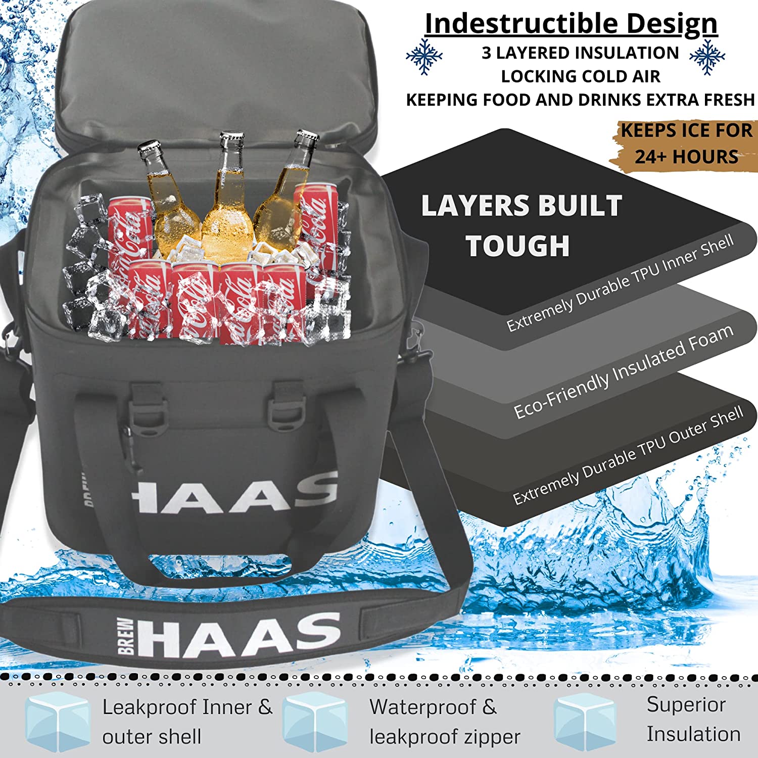 QCAI Soft Sided Insulated Leak Proof Cooler, 24 Can Holder, Matte Black, Insulated Bag, Leak Proof, Waterproof, Keeps Ice Cold for 24+ Hours, Cooler Bag, Hard Liner, Camping, Hiking or Beach