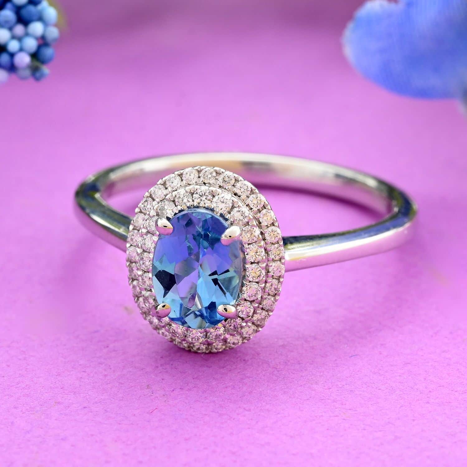 Rhapsody AAAA Blue Aquamarine White Diamond Oval 950 Platinum Halo Ring for Women Jewelry Size 10 Ct 0.86 E-F Color VS Clarity Birthday Gifts