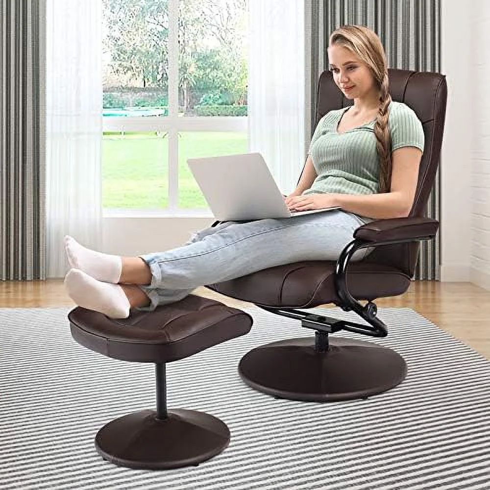 xrboomlife Swivel Recliner Chair  PU Leather Lounge Armchair Recliner   Degree Swivel Overstuffed Padded Seat Chair with Footrest Stool Ottoman Set for Office Living Room Brown