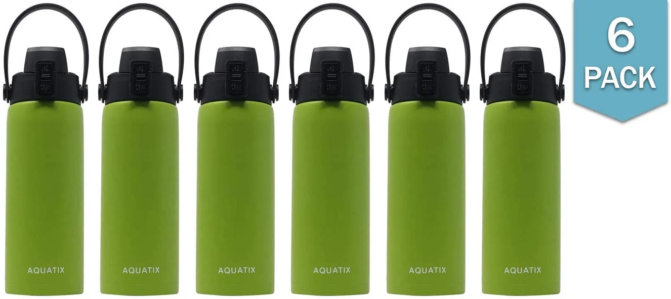 6-Pack (Lime Green) - Aquatix 21 Ounce Pure Stainless Steel Double Wall Insulated Sports Water Bottle Convenient Flip Top Removable Strap Handle - Keeps Drinks Cold 24 hr/Hot 6 hr. Perfect for Gifts