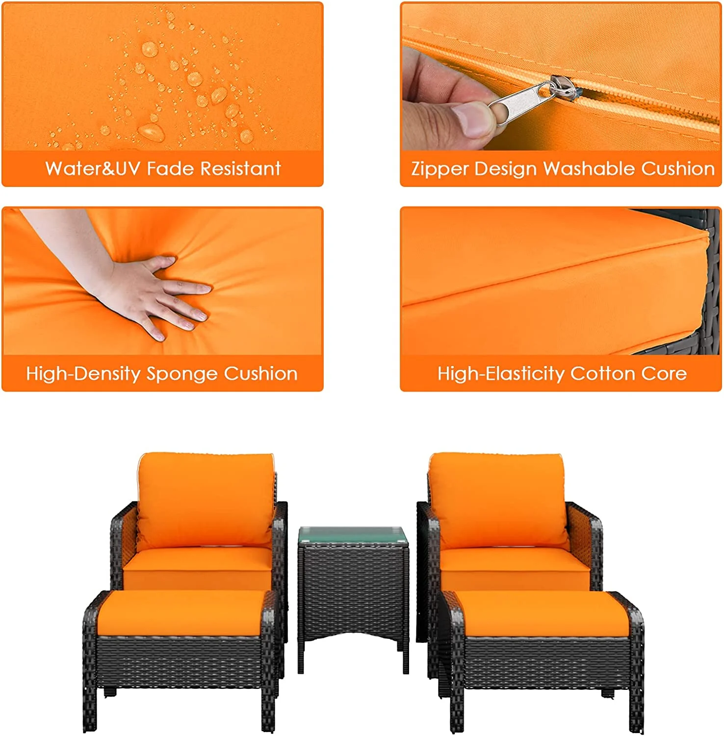 Arlopu Patio Conversation Furniture Sets, 5 Pieces PE Rattan Wicker Outdoor Cushioned Lounge Chairs Set with Ottomans and Glass Table