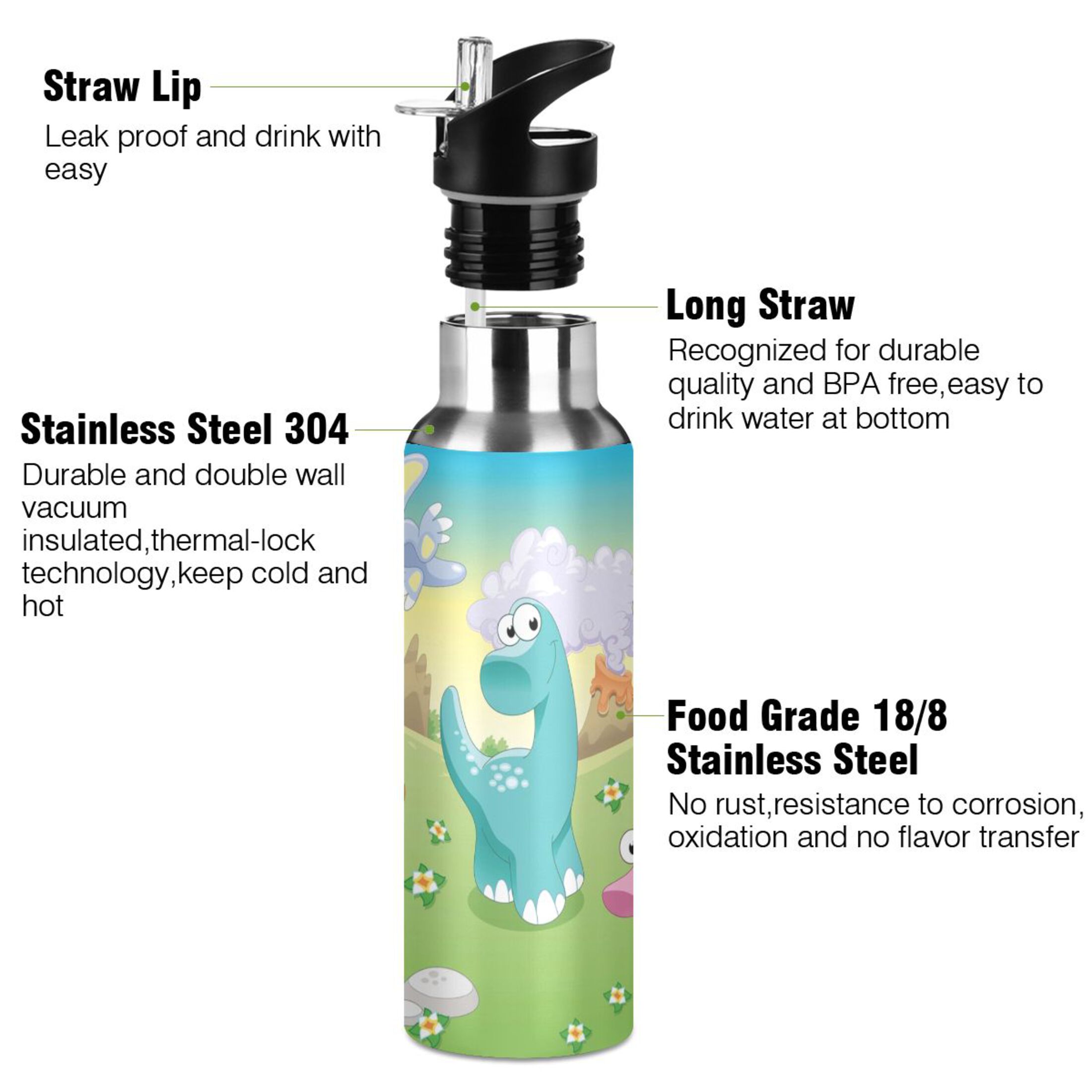 Stainless Steel Water Bottle Cute Dinosaurs Family with Straw Lid Vacuum Insulated Keeps Hot and Cold Leak Proof Flask Jug for Gym Travel Sports Cycling Outdoor 20 OZ