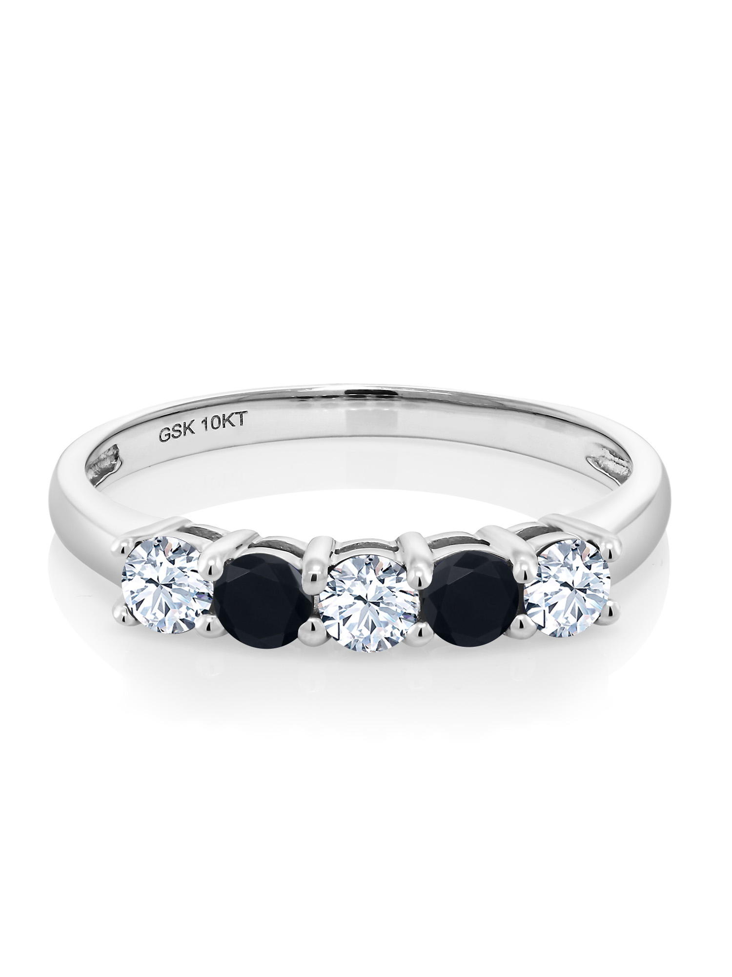 10K White Gold White Created Sapphire and Black Onyx 5 Stone Wedding Engagement Promise Ring For Women (0.59 Cttw, Round 3MM, Gemstone September Birthstone, Available In Size 5, 6, 7, 8, 9)