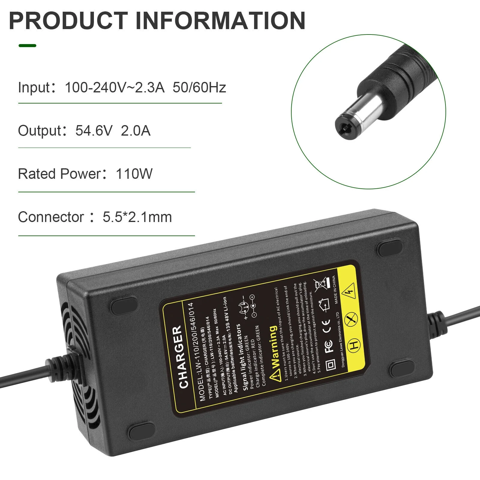 54.6V 2A Adapter Charger For 48V E-bike Electric Bike Scooter Li-ion Battery