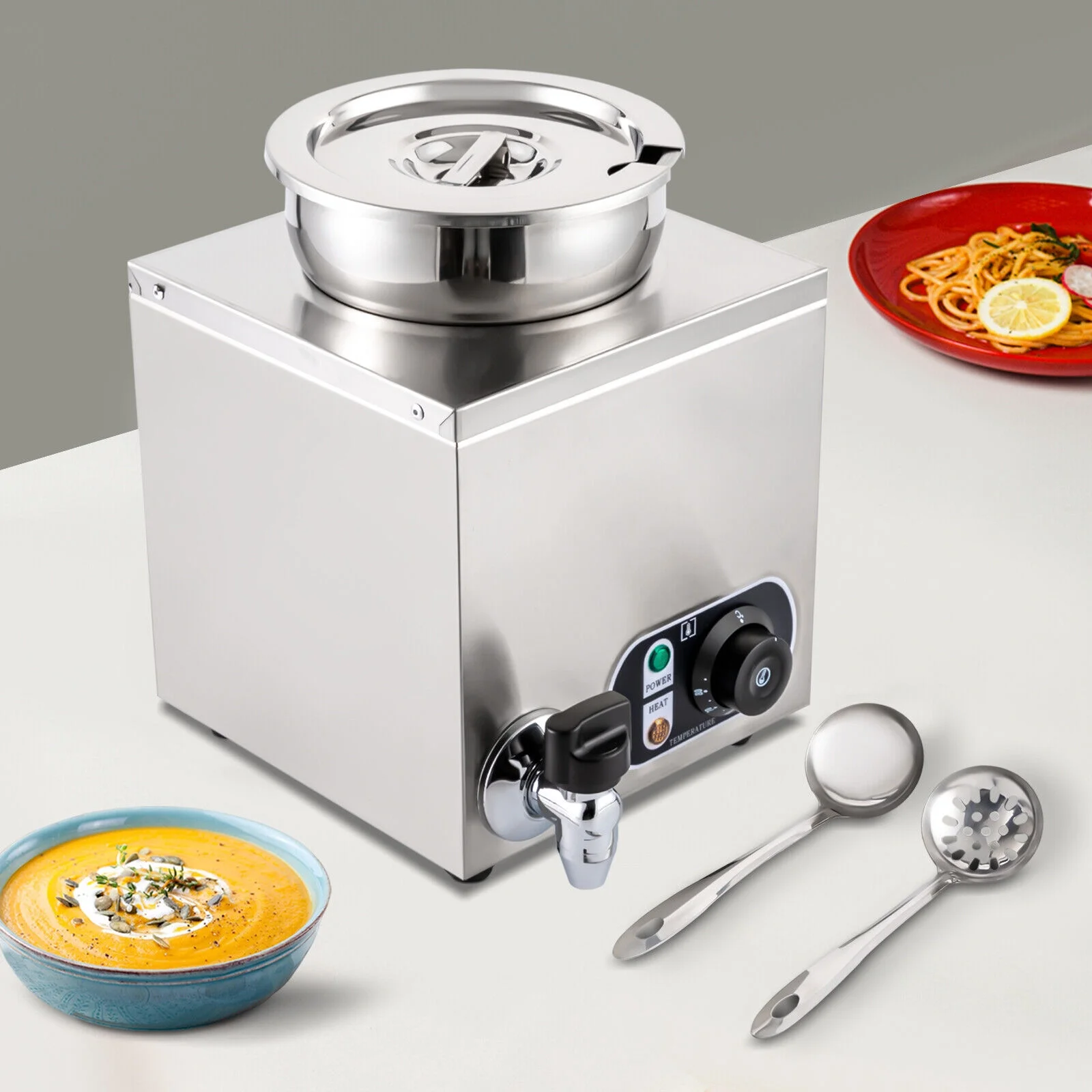 4L 110V Commercial Soup Warmer Electric Food Warmer Adjustable Temp. 86-185℉, Stainless Steel Countertop Soup Pot with Tap