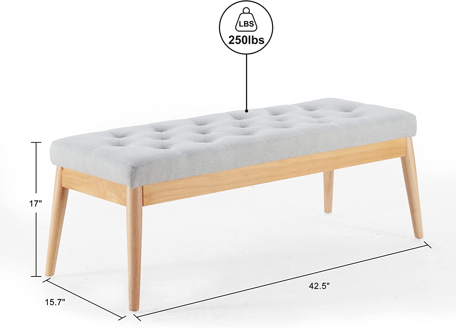 Kingfun Extra-Long Upholstered Tufted Bed Bench Seat for Bedroom, Entryway Wood Bench with Sturdy Wooden Legs, Buttoned Vanity Rectangle Dining Bench (Grey)