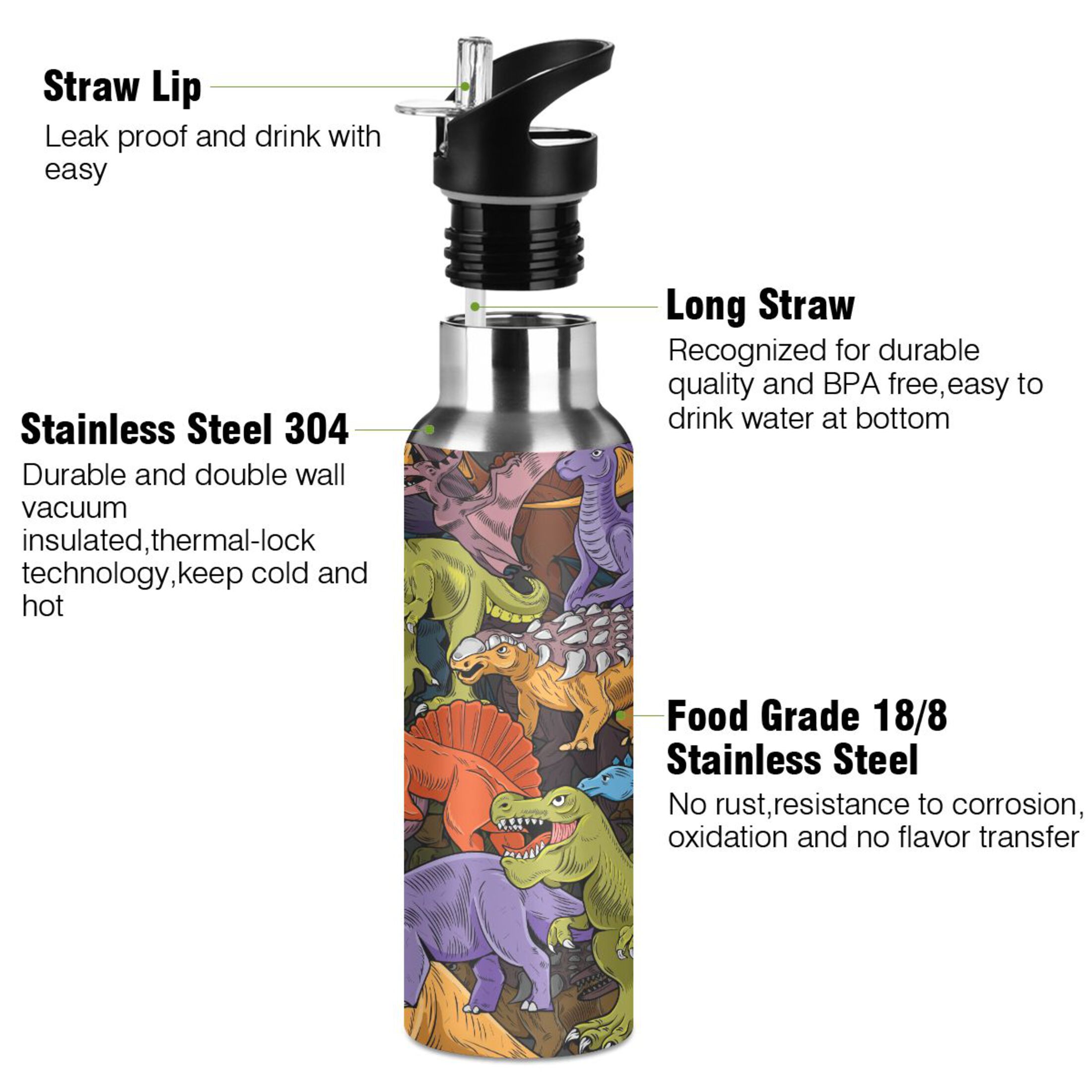 Stainless Steel Water Bottle Camouflage Dinosaurs Animal with Straw Lid Vacuum Insulated Keeps Hot and Cold Leak Proof Flask Jug for Gym Travel Sports Cycling Outdoor 20 OZ