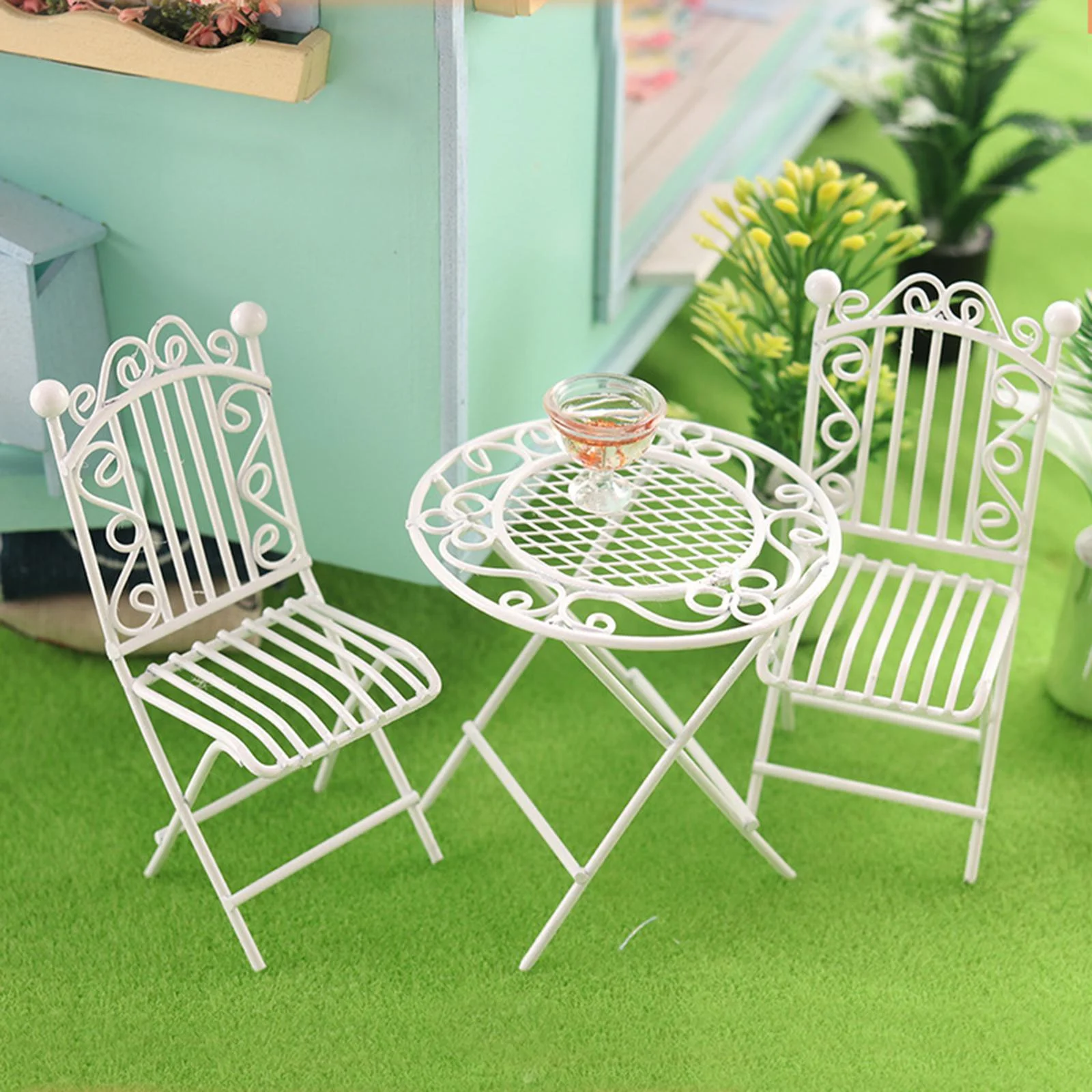 Metal Miniature Table Chair Set Dollhouse Furniture for Potted Landscaping