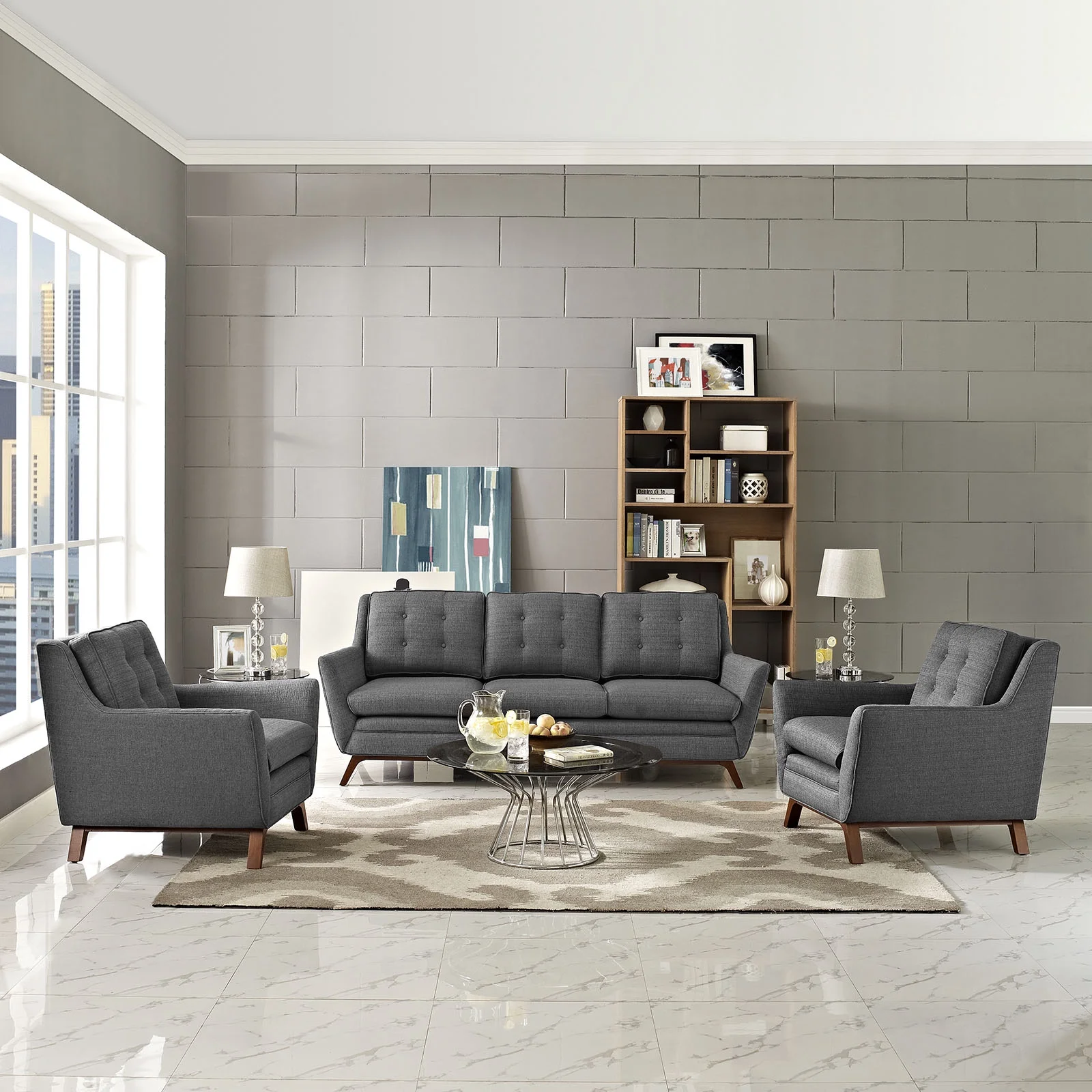 Modern Contemporary Urban Design Living Lounge Room Three PCS Sofa and Armchairs Set, Grey Gray, Fabric