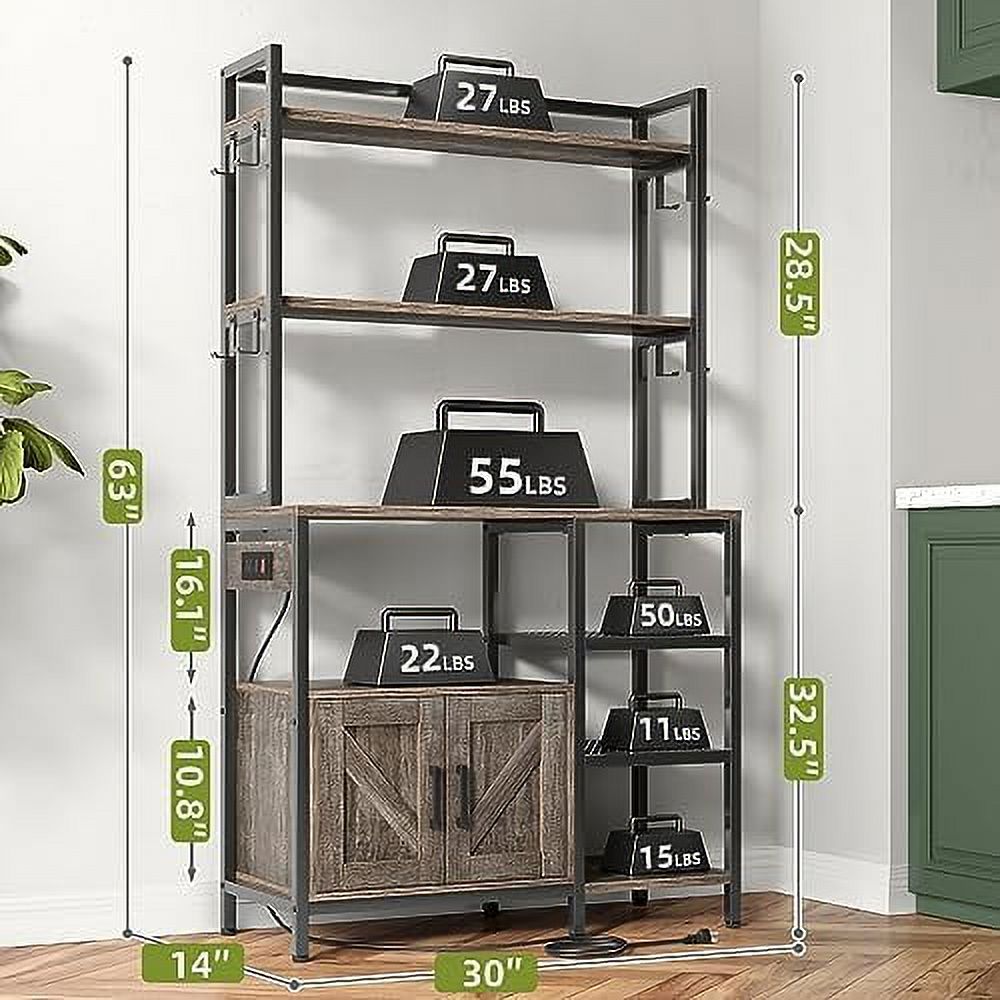 GEROBOOM Bakers Racks for Kitchens with Power Outlet  6-Tier Microwave Stand with  Cabinet  Farmhouse Kitchen Coffee  with Side Hooks  Utility  for Kitchens