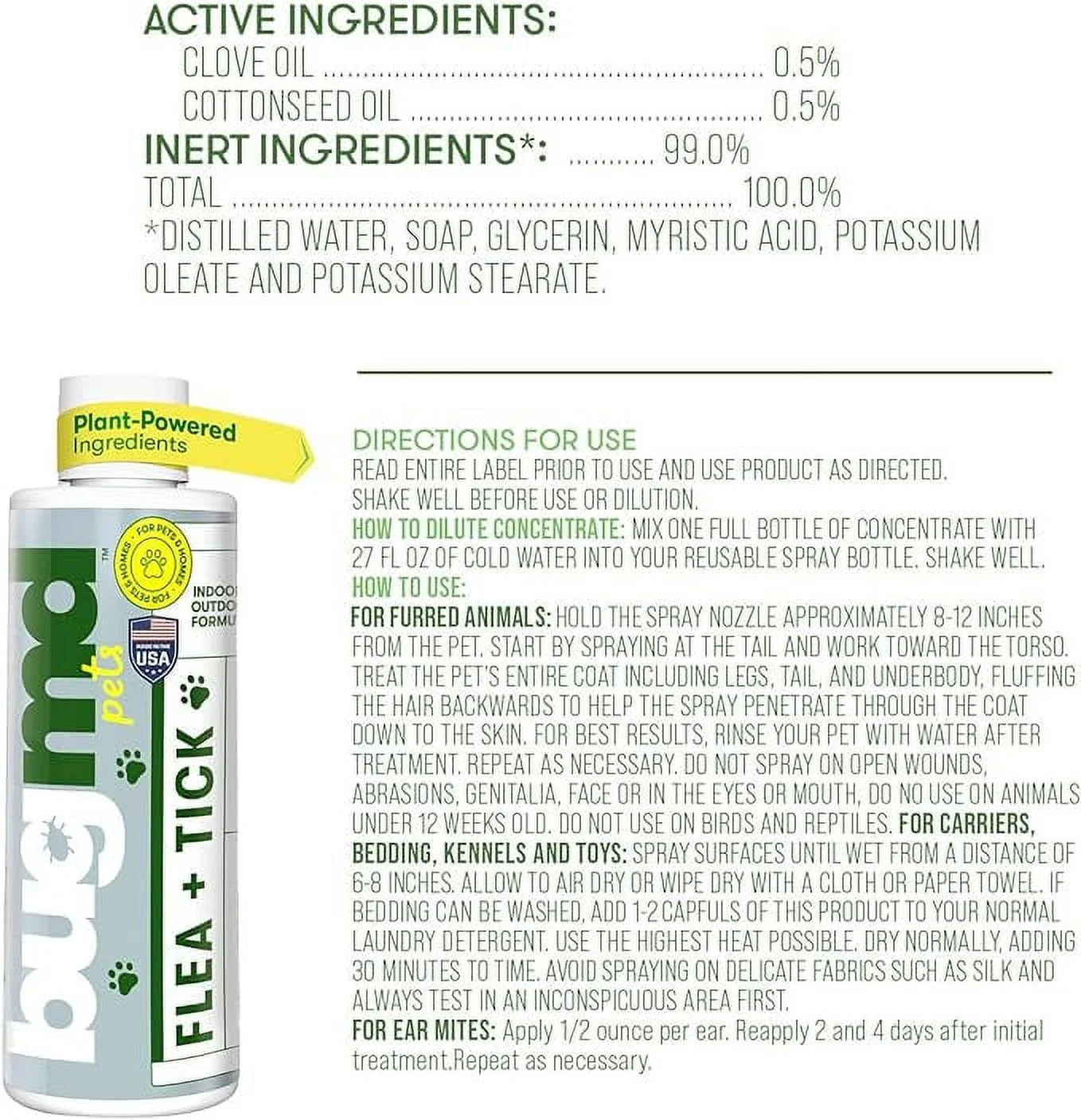 BUGMD Flea and Tick Spray - Essential Oil-Powered Formula, Controls Fleas, Ticks, Mites in Dogs, Cats, and Other Furred Animals, Spray on Pet Beds, Kennels