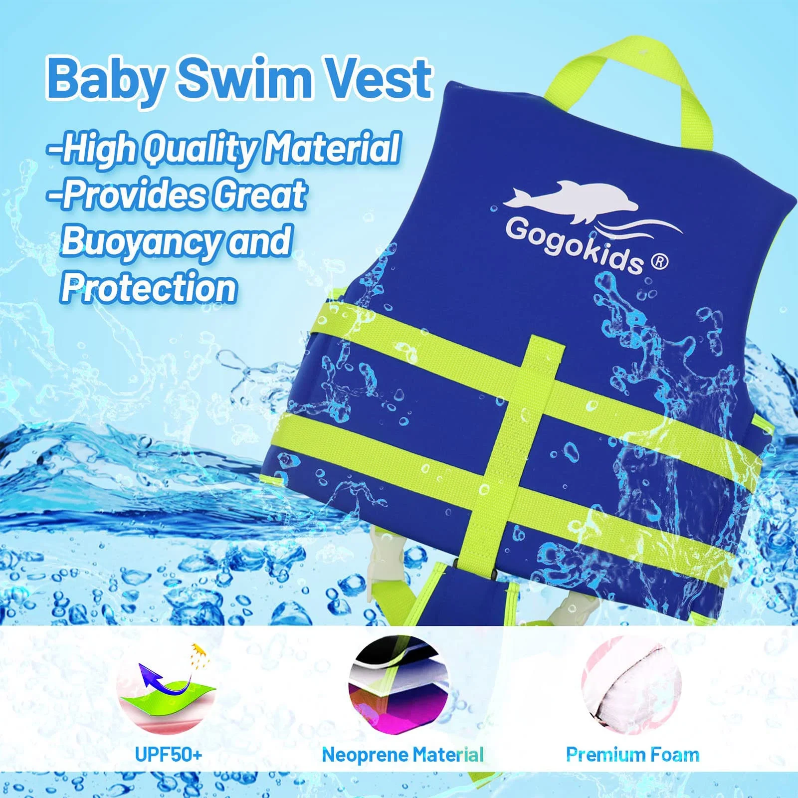 Gogokids Kids Dots Life Jacket, Swim Vest with Adjustable Safety Strap, inflatable life jackets for Boys Girls, Blue