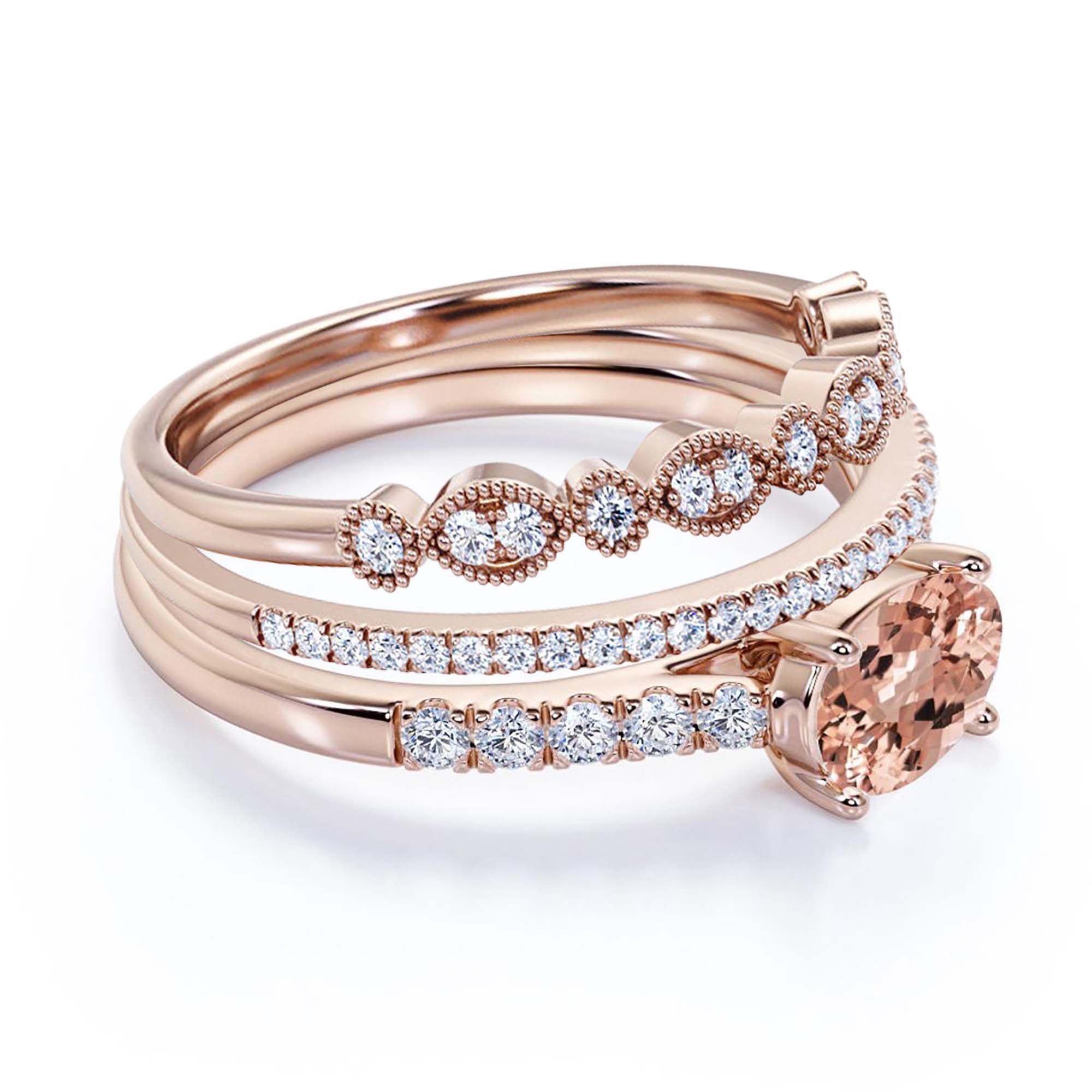 Dazzling Minimalist Art Deco 2.50 Carat Oval Cut Morganite And Diamond Moissanite Unique Engagement Ring, Wedding Ring, Two Matching Band in 10k Solid Rose Gold, Gift For Woman, Promise Ring