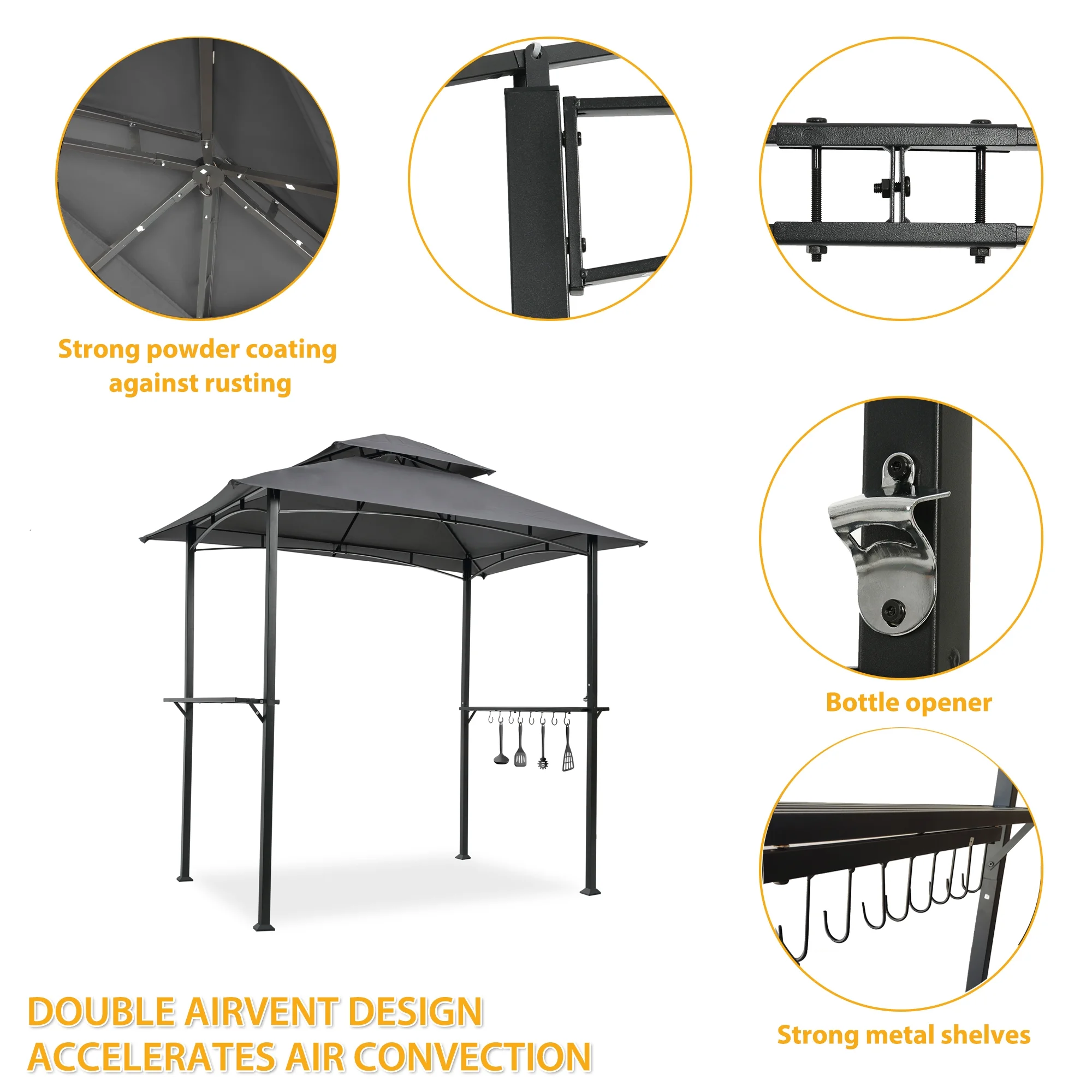 Grill Gazebo Outdoor BBQ Grill Patio Canopy Barbeque Gazebo Canopy Double Tier Soft Top Canopy and Steel Frame with hook and Bar Counters