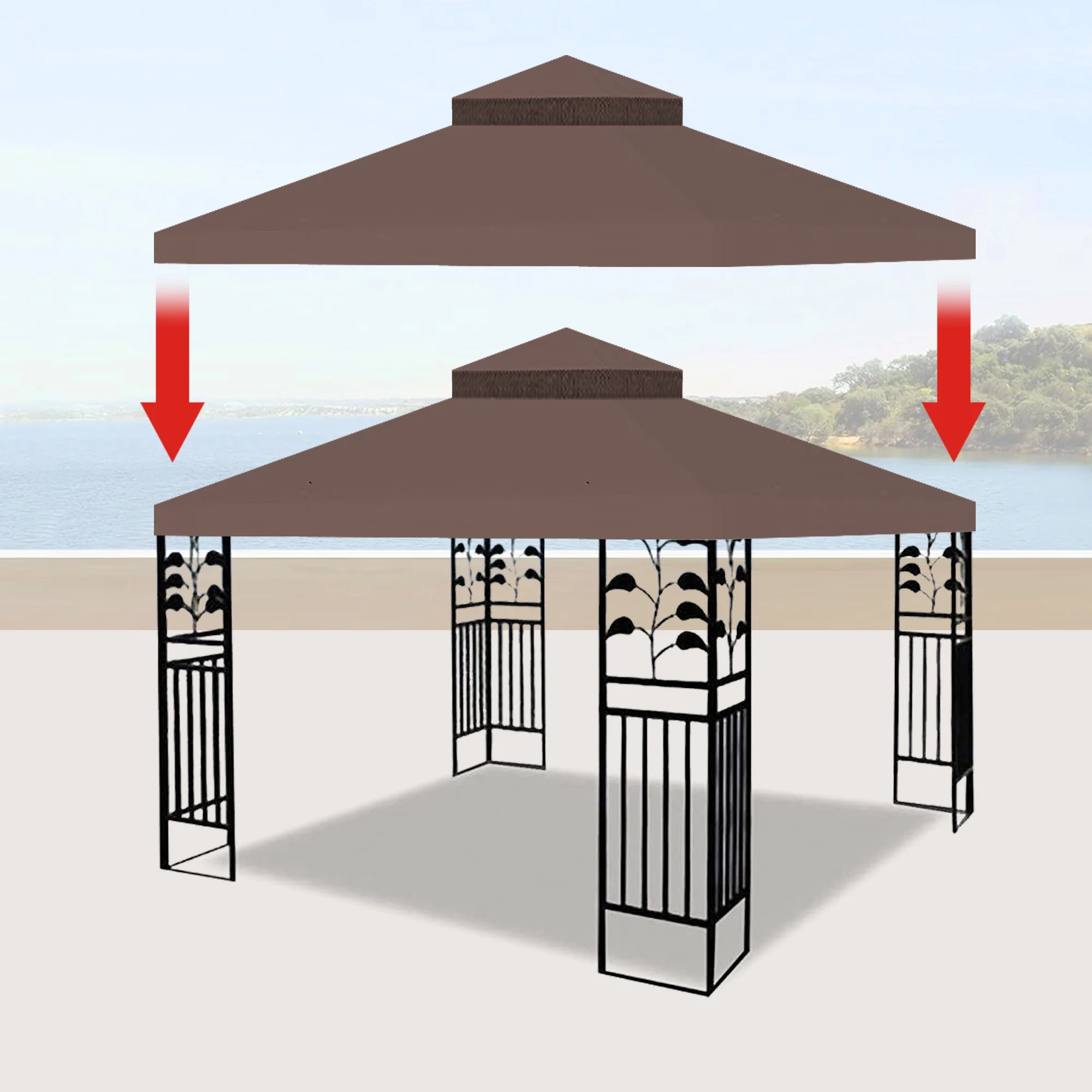 Dcenta 10x10 Ft Outdoor Patio Gazebo Replacement Canopy, Double Tiered Gazebo Tent Roof Cover Only（Frame Not Include）