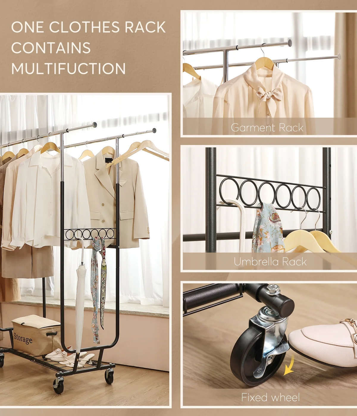 LIFEFAIR 550LBS Heavy Duty Clothes Rack with Shevles Durable Double Rails Garment Rack with Wheels Rolling Clothing Racks for Hanging Clothes Portable Closet Adjustable Cross Bar Silver