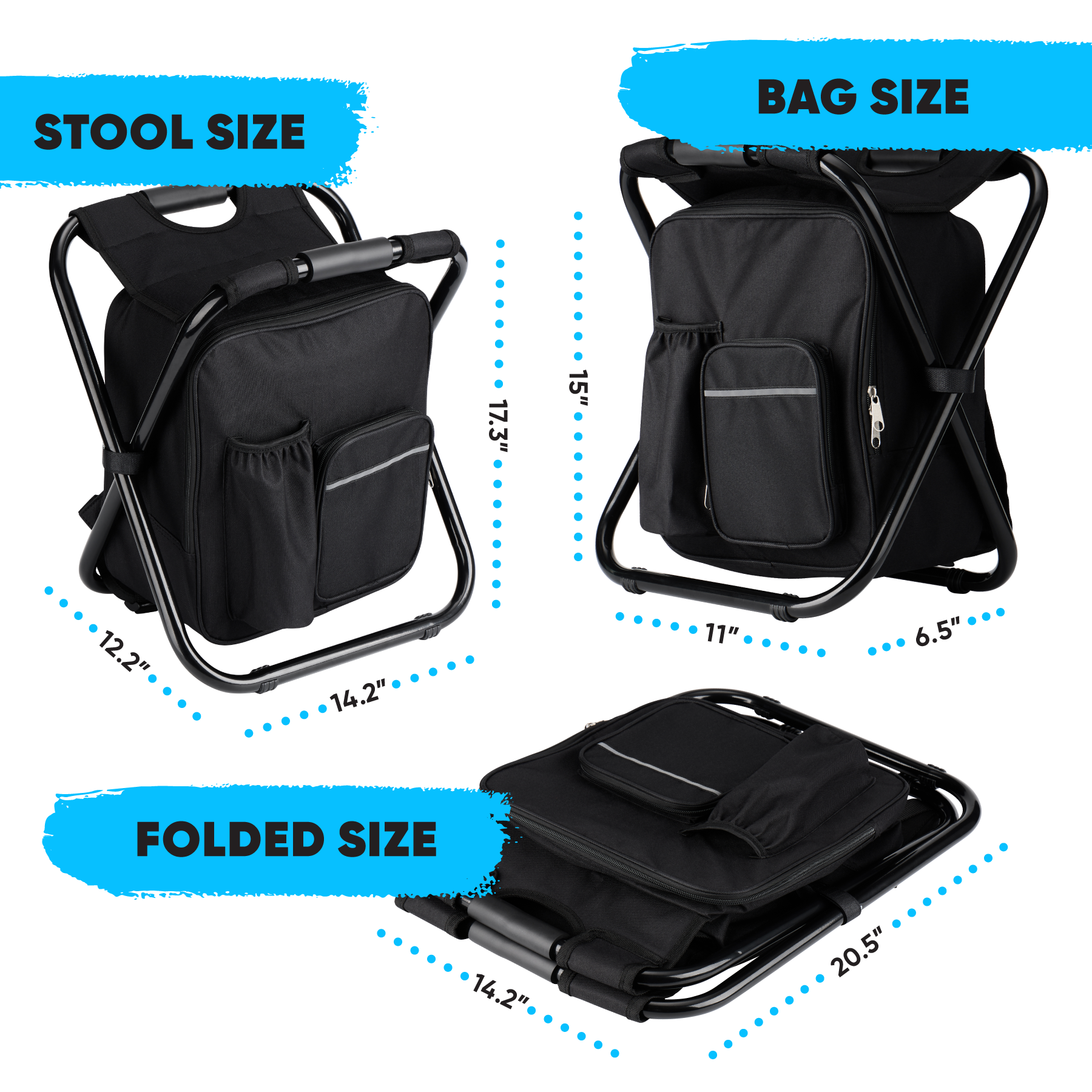 PowerLix Folding Camping Backpack Stool, Multi Purpose Portable Camping Chair 14x11x16 inch for Hunting, Hiking, Fishing and Travel in Black, 1P