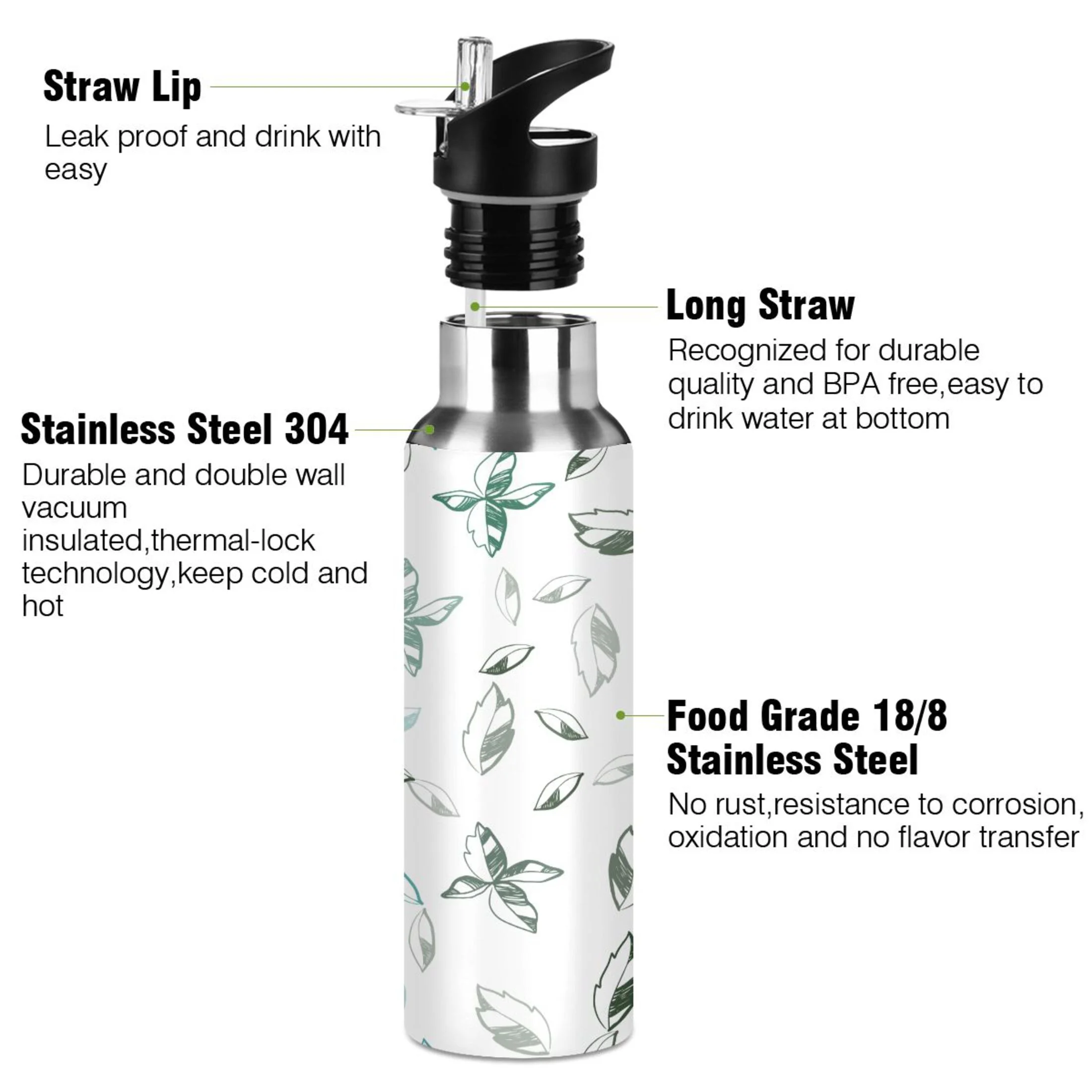 Water Bottle with Straw Lid Leak Watercolor Green Leaves Stainless Steel Insulated Thermos Vacuum Flask for Cold Hot Drinking for Sports Camping Gym Yoga