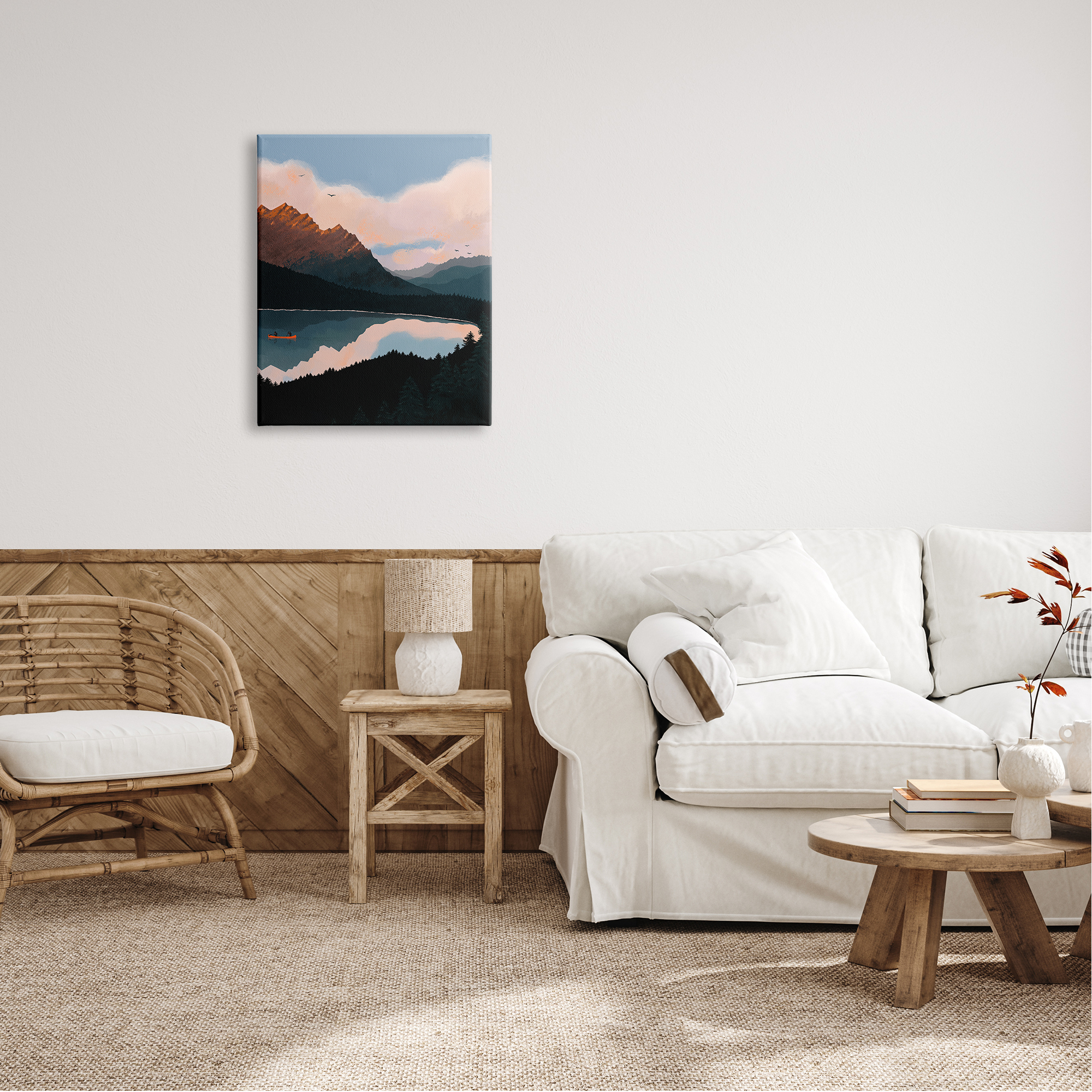 Stupell Industries Mountain Range River Canoe Cloudy Wilderness Birds Canvas Wall Art, 24 x 30, Design by Abi Hall