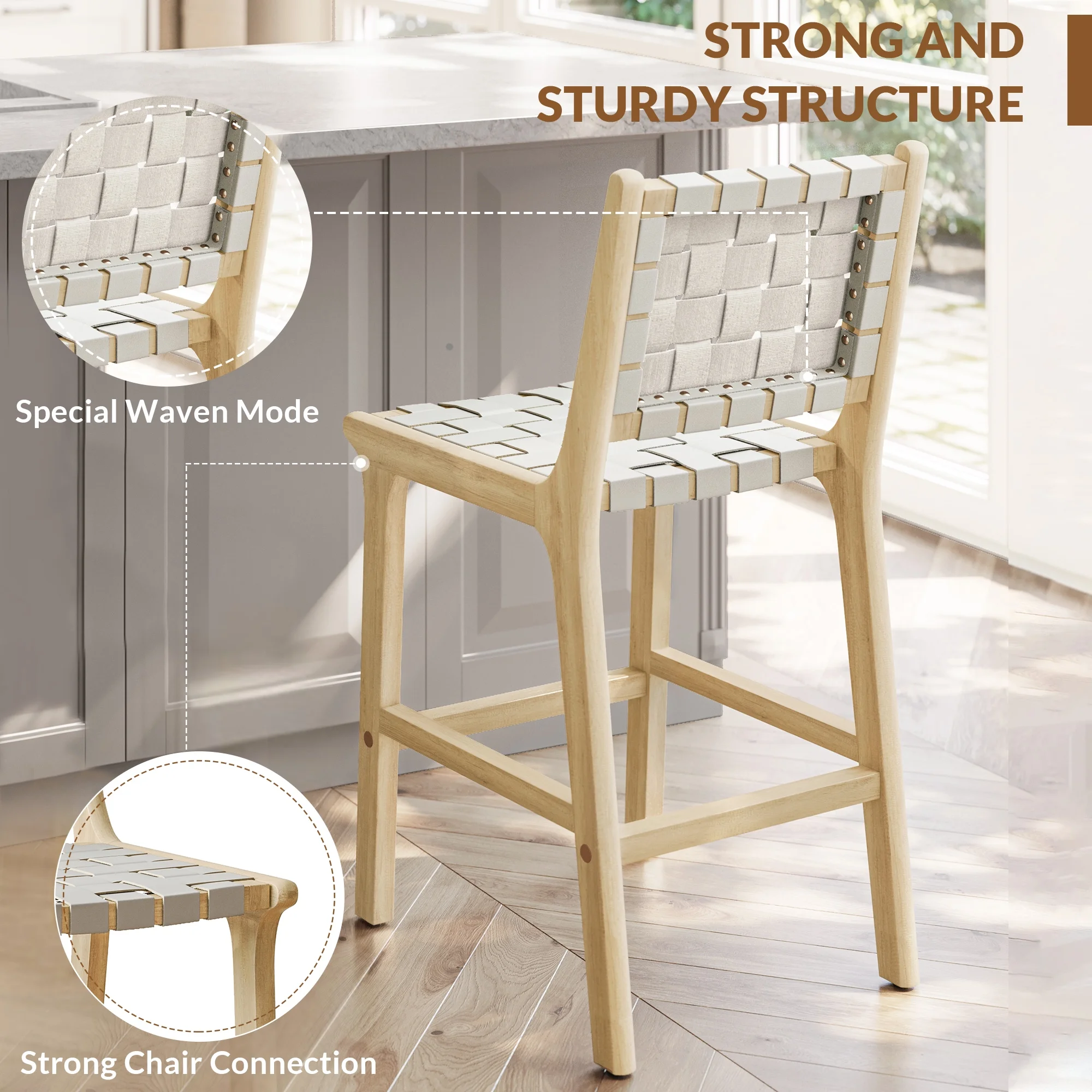 BELLEZE Woven Counter Stools 24 inch Set of 2, Boho Bar Stools with Back Faux Leather Kitchen Stools Island Chairs with Solid Wood Frame for Dining Room Home Kitchen - Morgan (White)