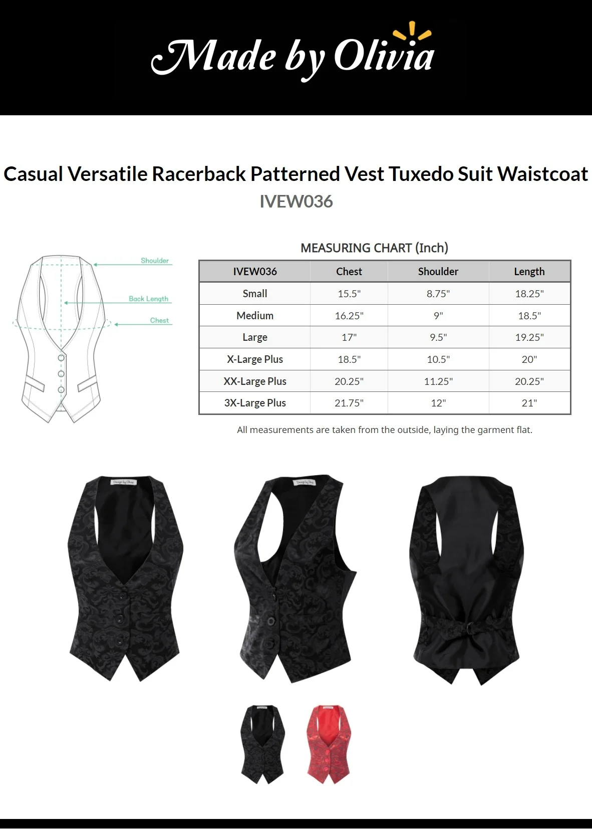 Made by Olivia Women's Casual Versatile Racerback Patterned Vest Tuxedo Suit Waistcoat