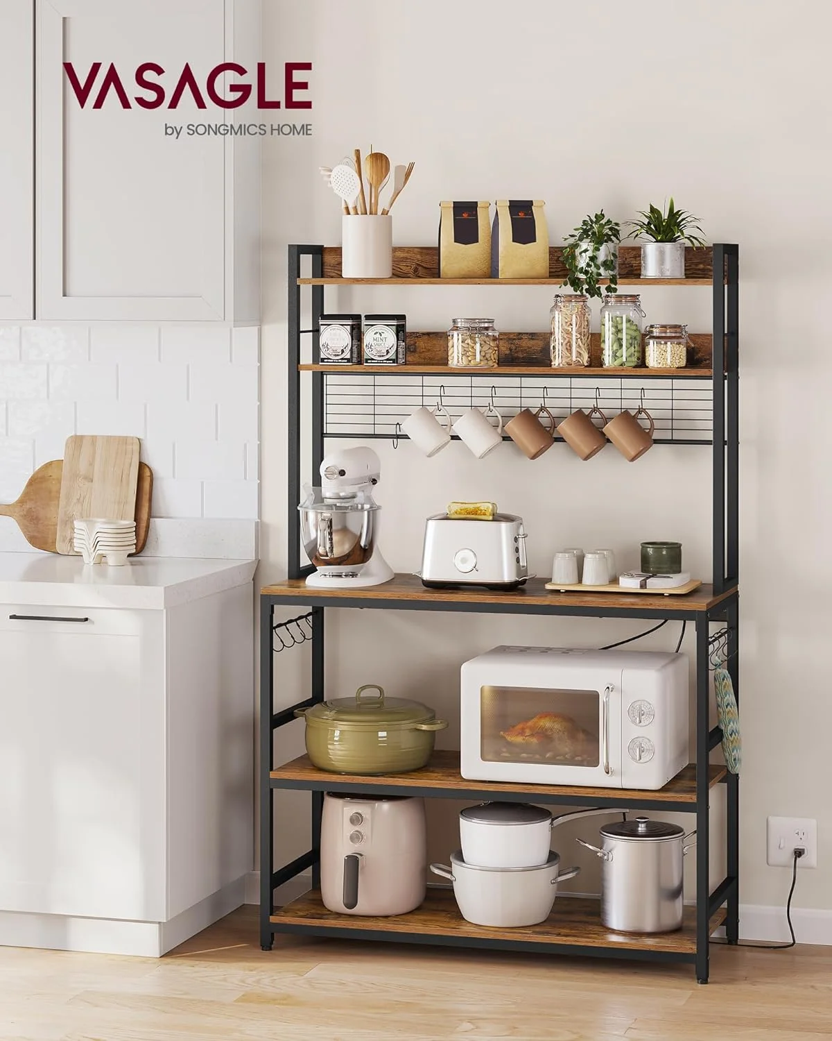 VASAGLE Hutch Bakers Rack with Power Outlet, 14 Hooks Microwave Stand, Kitchen Storage Shelf, Rustic Brown and Black