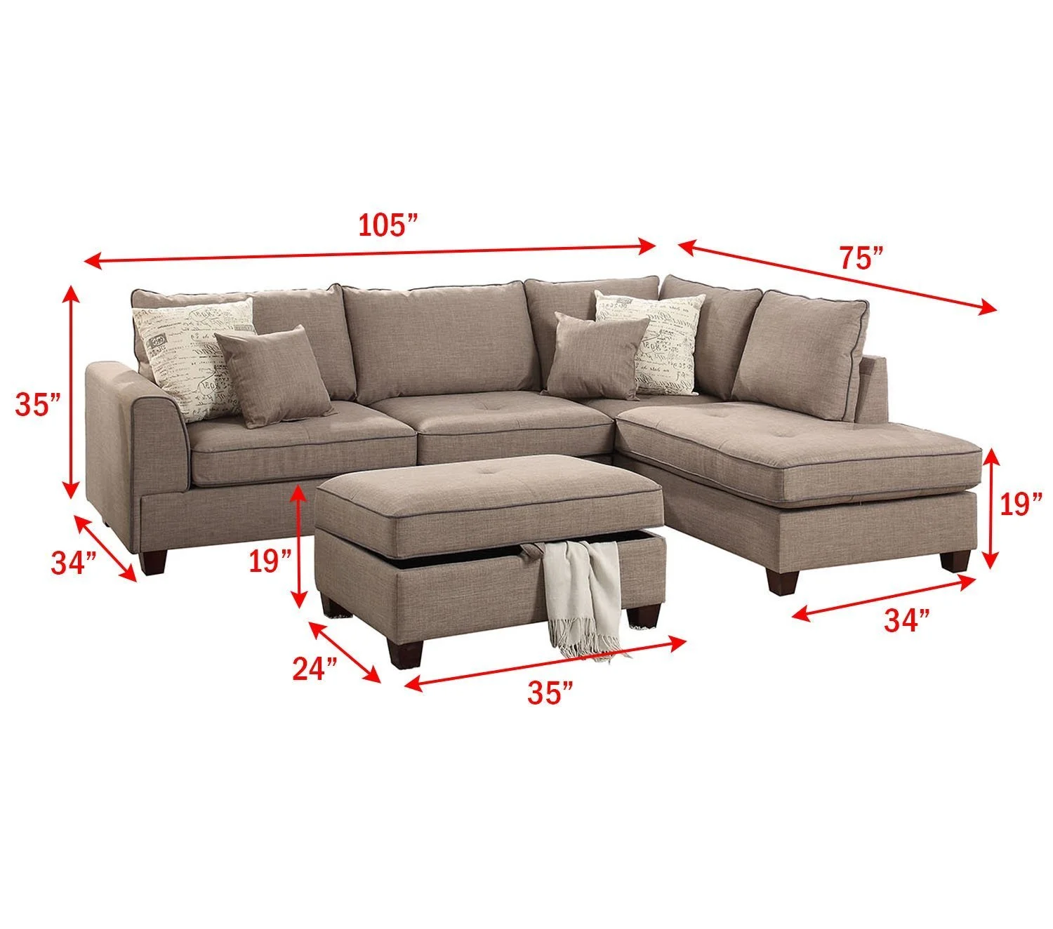 Modern Mocha Dorris Fabric Reversible Sectional Sofa Chaise Storage Ottoman with 4 Accent Pillows
