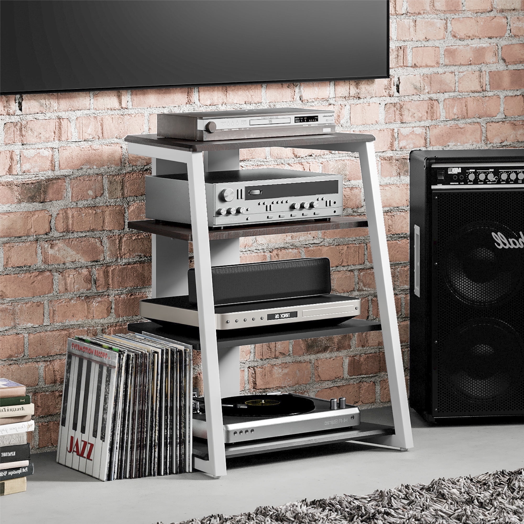 FITUEYES Design 4-Tier AV Stereo Cabinet for Record Player Audio Rack with Height Adjustable Media Cabinet, Eiffel AS.