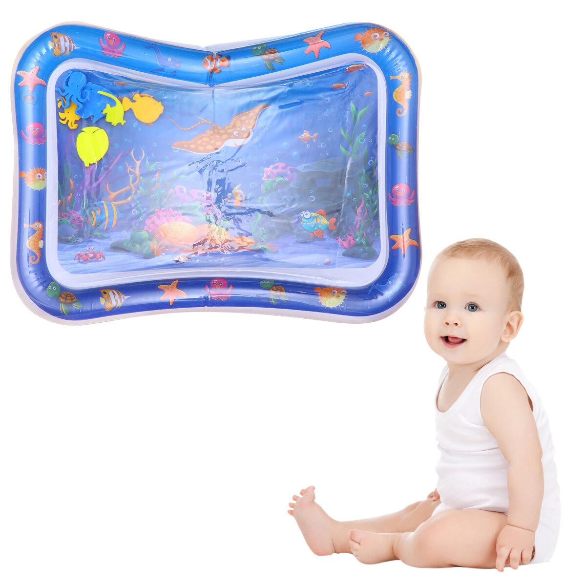 Creative Devil Fish Design Baby Pad Toys Inflatable Crawling Cushion Water Play Mat Leakproof Colorful Play Mat Baby Toys (Blue)