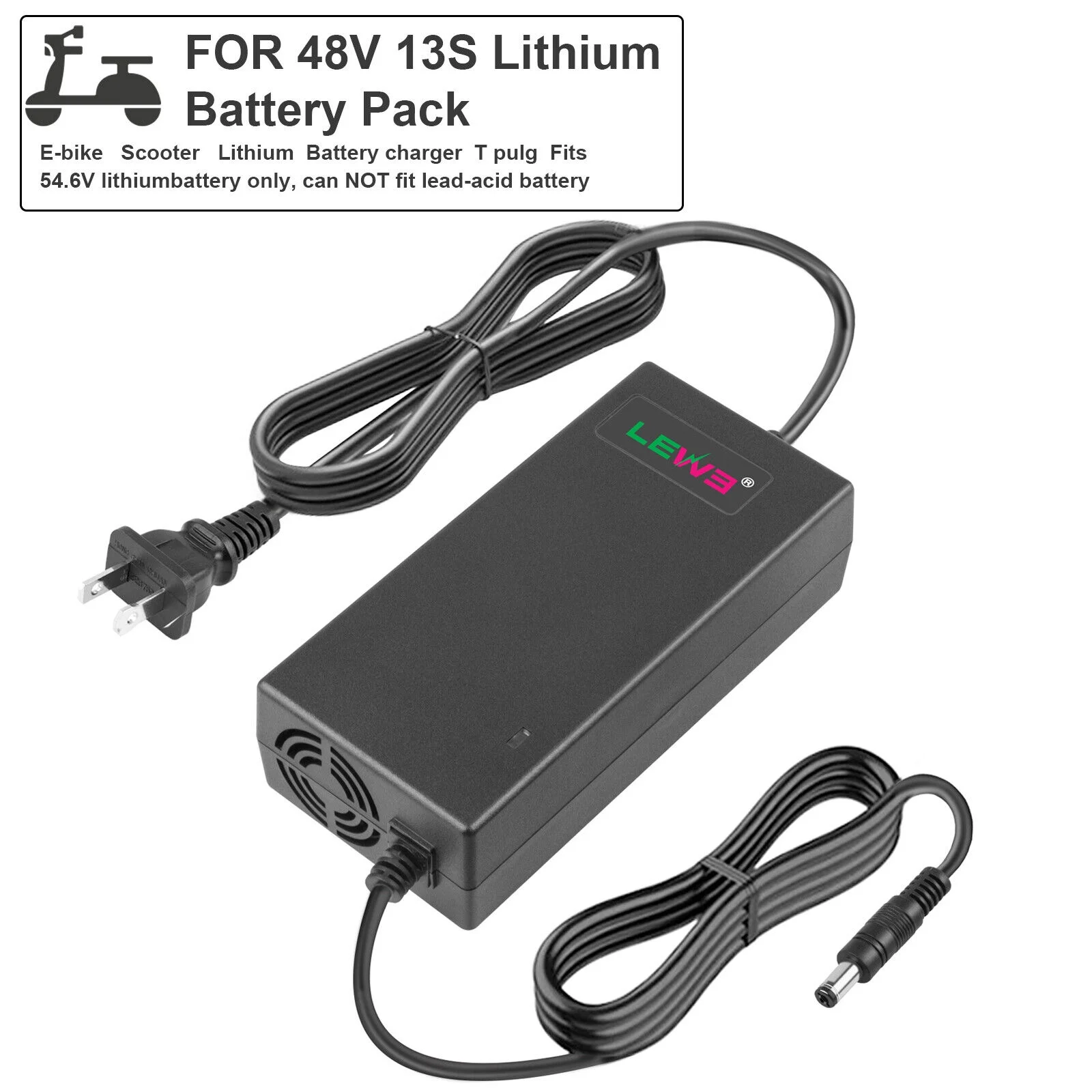 54.6V 2A E-bike Adapter Charger for 48V Li-ion Lithium Battery 5.5x2.1/2.5mm Tip