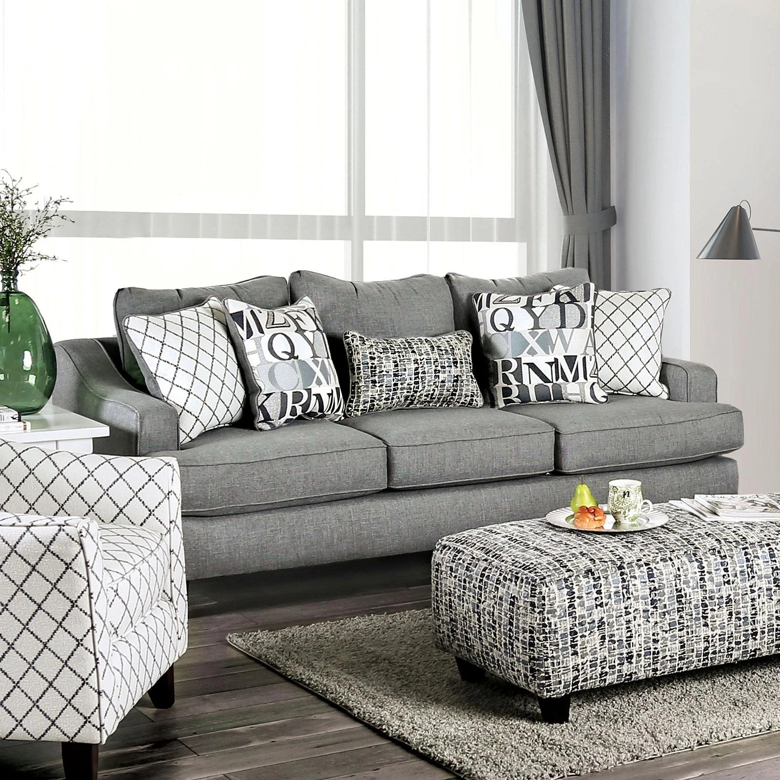 Transitional Bluish Gray Linen-like Fabric Living Room Set 3pcs FOA Verne