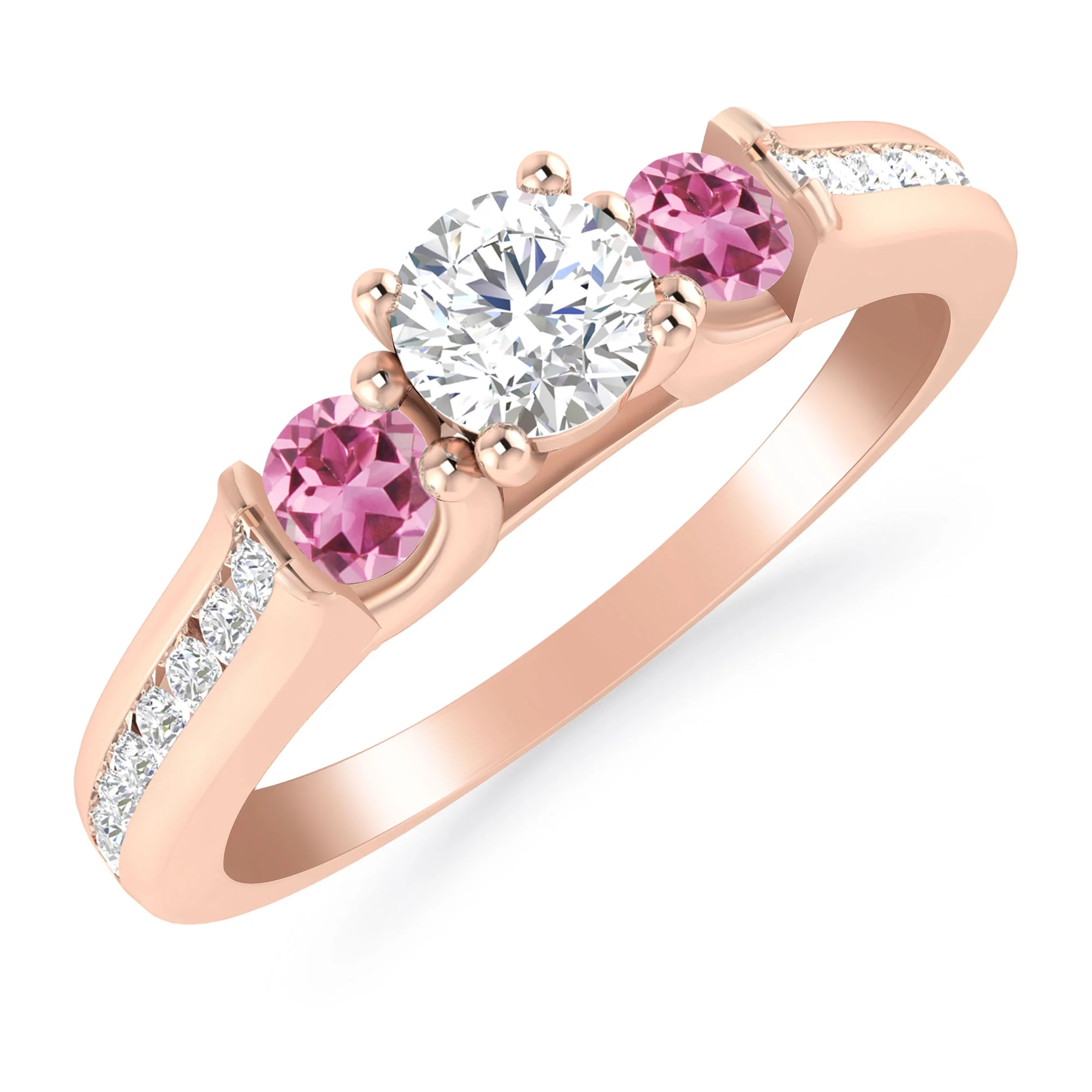 1/2 Carat 10K Rose Gold Diamond and Pink Tourmaline 3 Stone Engagement Ring for Women (H-I Color, I2-I3 Clarity) - Ideal Engagement or Anniversary Ring
