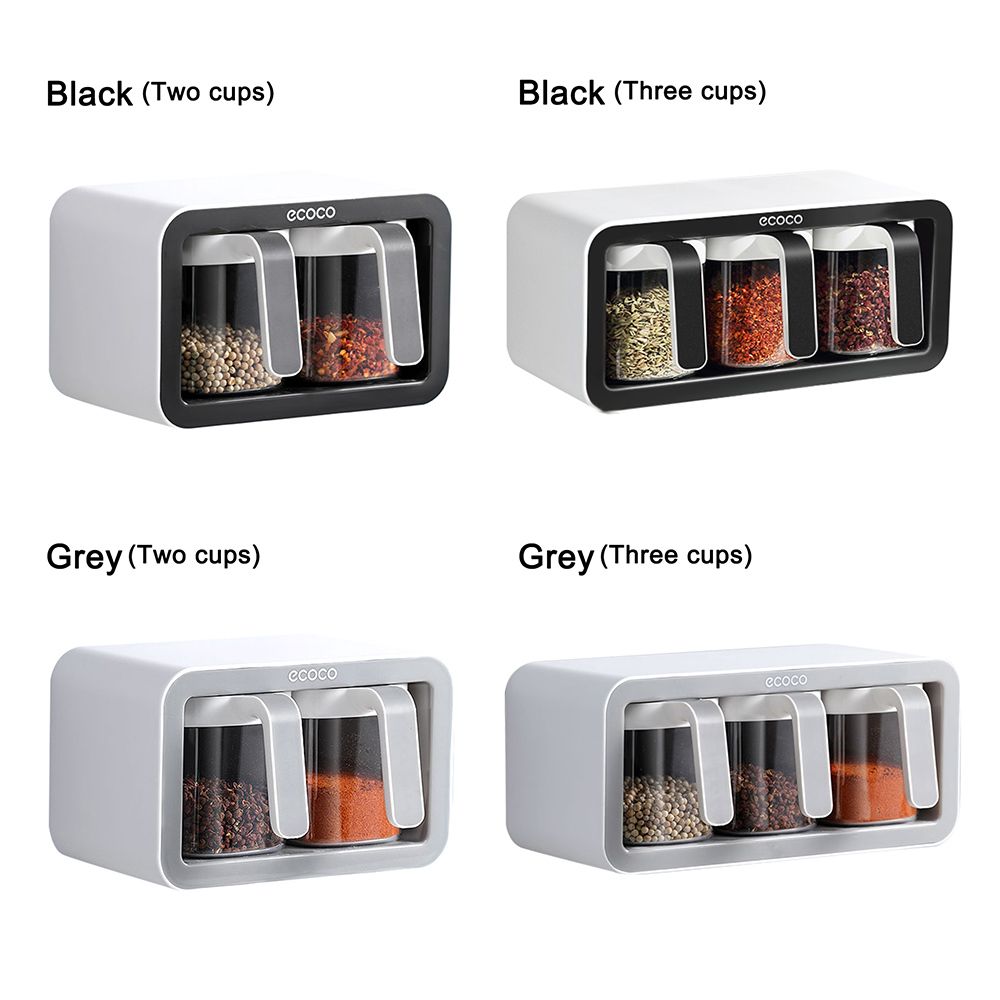 With Spoons Kitchen Supplies Multiple Grids Wall Mount Spice Container Storage Box Spoon Fork Organizer Seasoning Box BLACK TWO CUPS