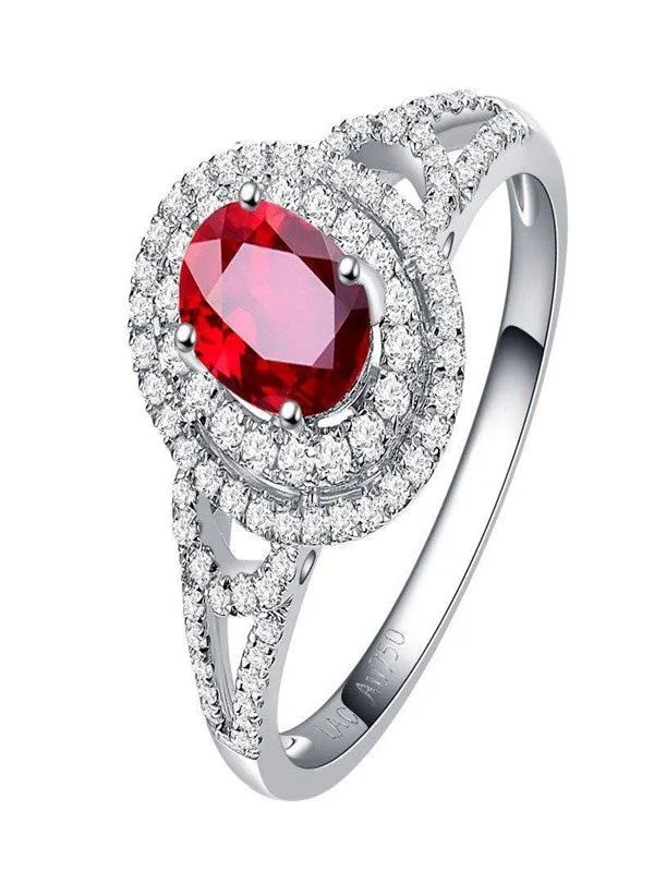 Unique 2 Carat Oval cut Ruby and Diamond Engagement Ring in 14k White Gold affordable ruby & diamond engagement ring