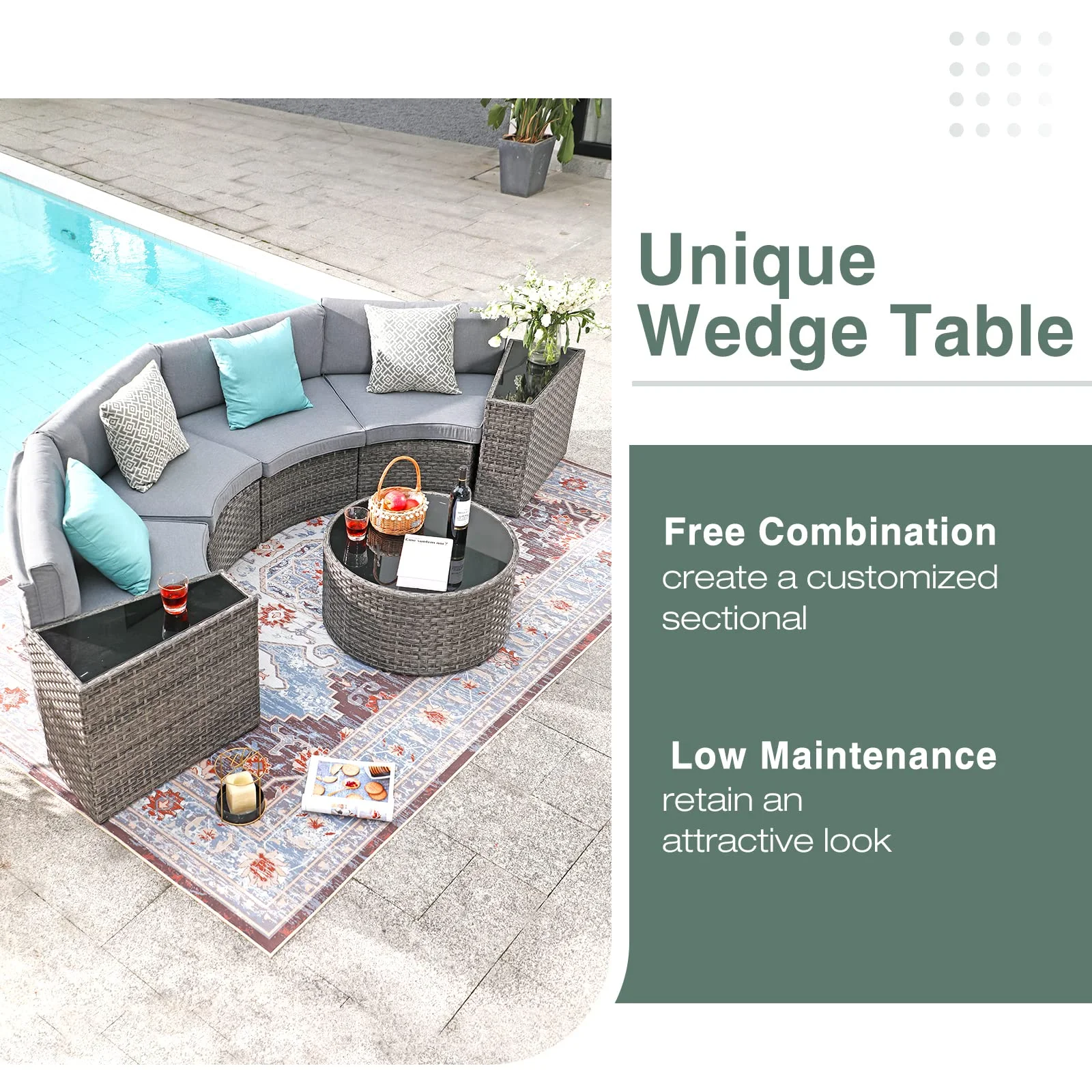 OC Orange-Casual 7-Piece Outdoor Patio Furniture Set, Sectional Half-Moon Sofa, Coffee Table, 4 Pillows, Grey Cushion, with Waterproof Cover, for Garden, Backyard, Porch, Sunroom or Pool