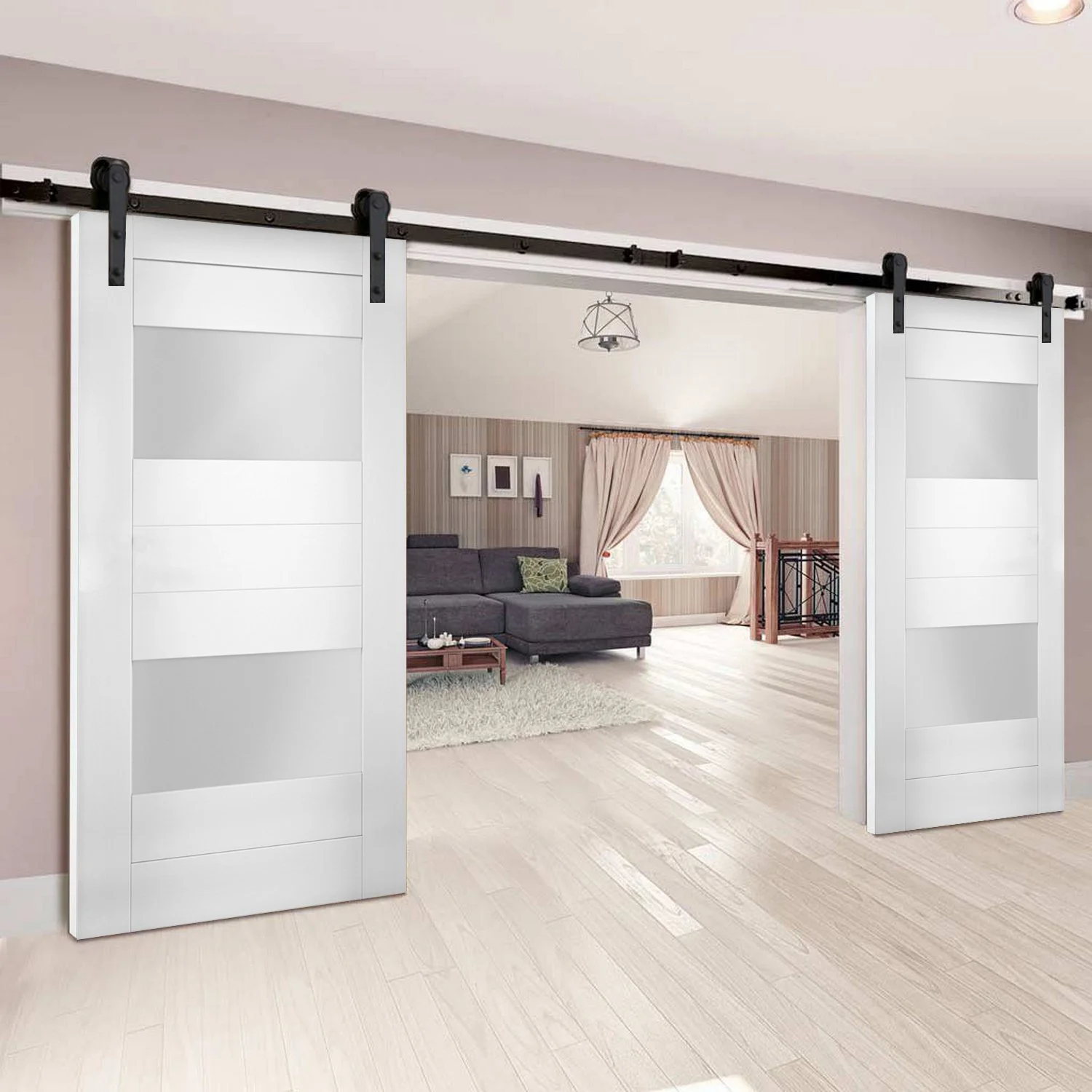 Modern Double Barn Door 64 x 80 inches with Opaque Glass 2 Lites / Sete 6222 White Silk / 13FT Rail Track Set / Solid Panel Interior Doors