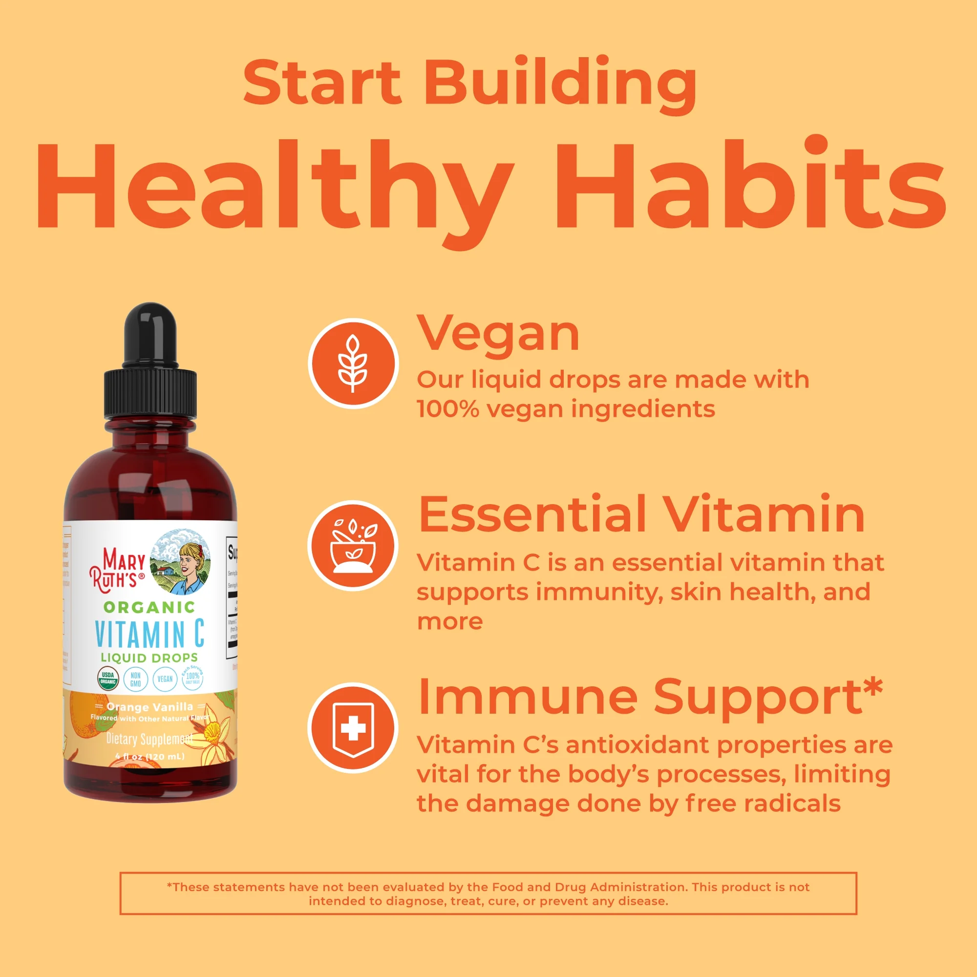 MaryRuth's | USDA Organic Vitamin C Liquid Drops | Orange Vanilla Flavor | Vegan, Non-GMO | 4 fl oz / 120ml