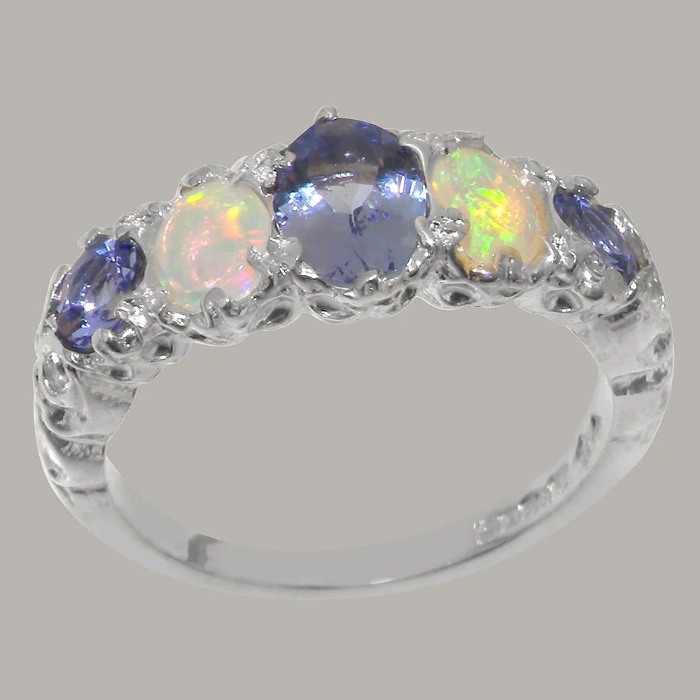 LBG British Made 14k White Gold Natural Tanzanite & Opal Womens Band Ring - 33 size options - Size 10