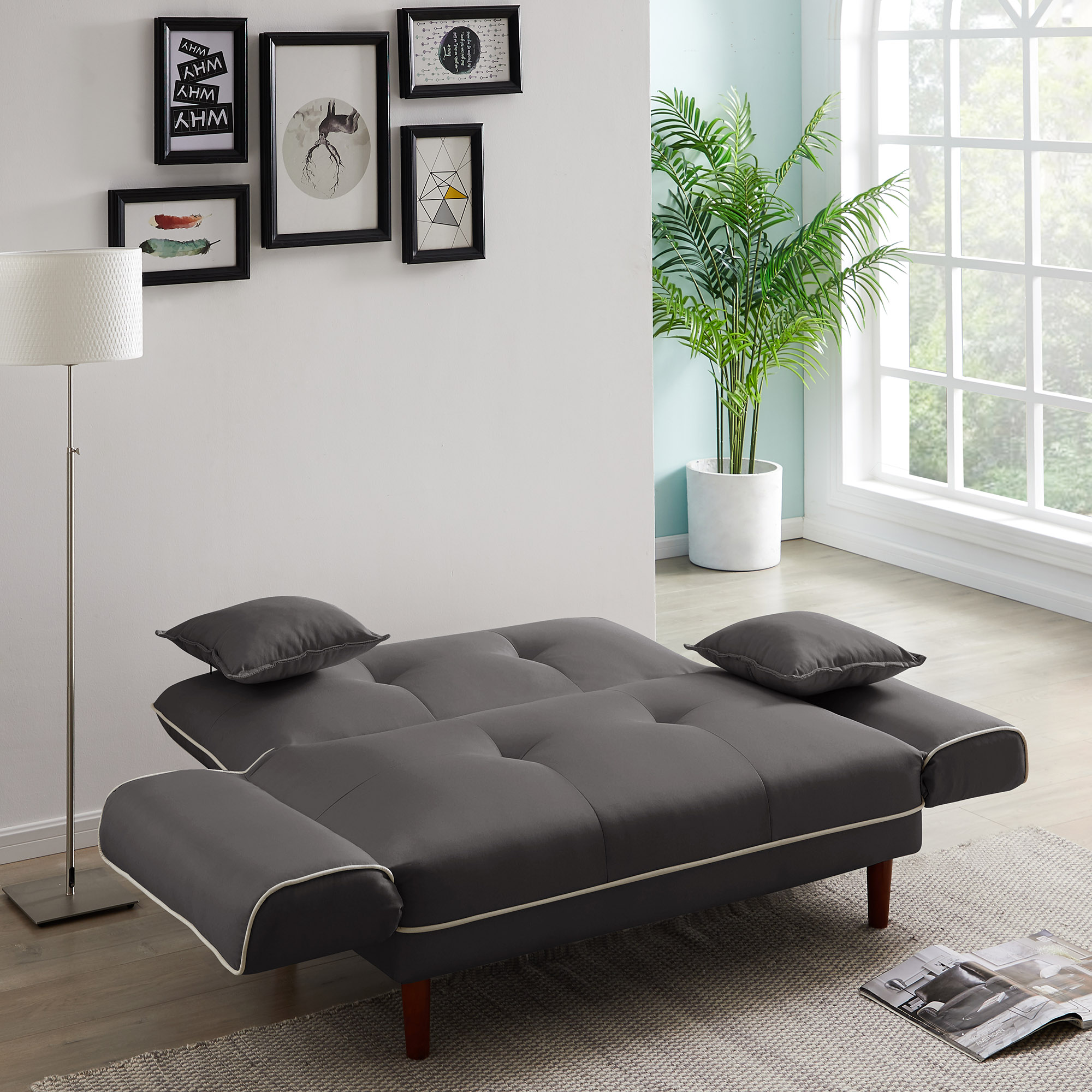 Relax Lounge Sofa Bed Sleeper With 2 Pillows Grey Fabric