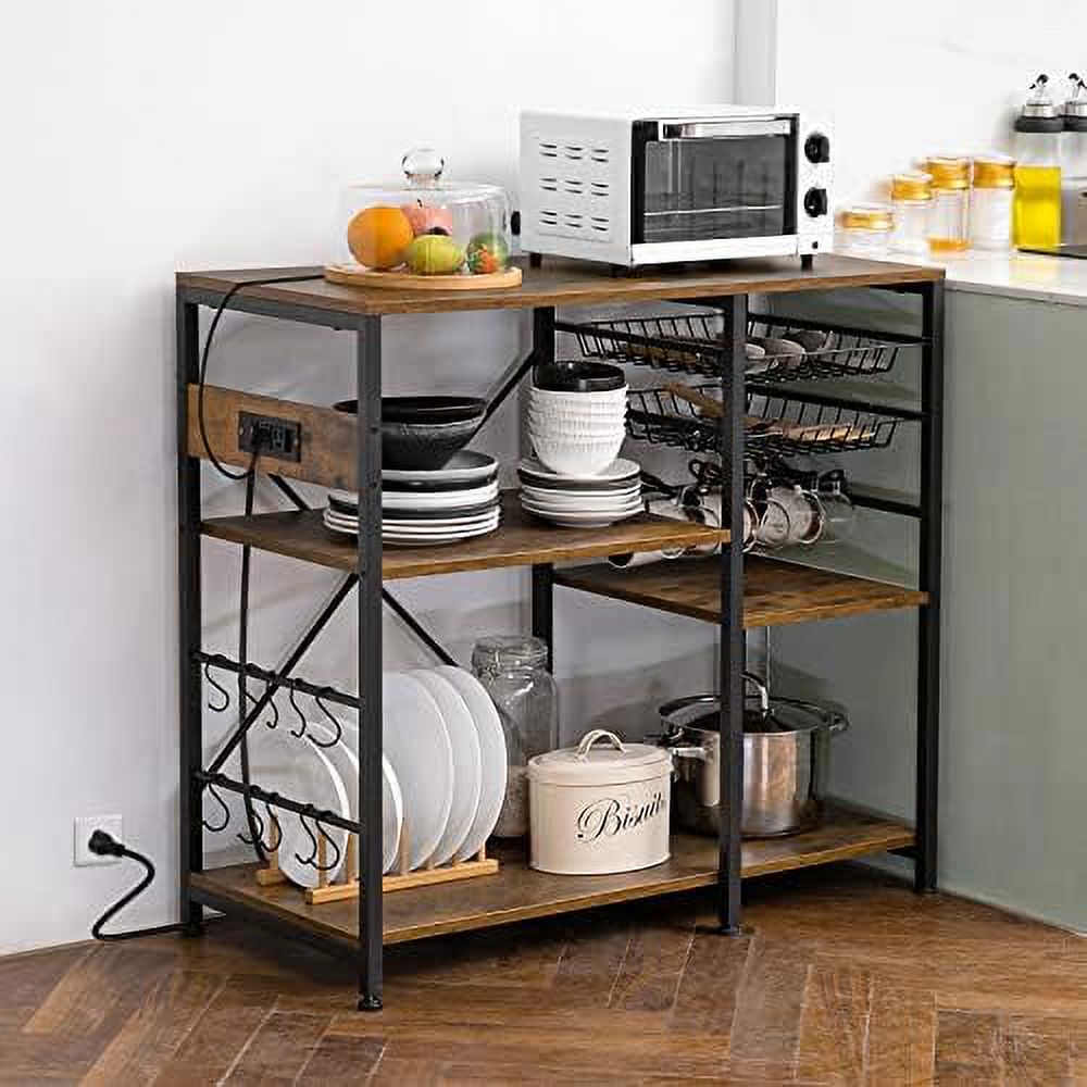 YZboomLife Kitchen Bakers Rack with   Bakers Rack Coffee  Table Microwave Oven Stand with Wire Basket 7 Hooks Metal Frame Wood Organizer  Rustic Brown