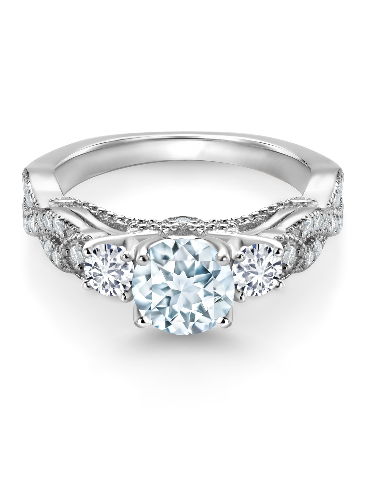 Gem Stone King 925 Sterling Silver Sky Blue Aquamarine White Diamond and White Moissanite Engagement Ring For Women (1.22 Cttw, Gemstone March Birthstone, Round 6MM and 3MM)