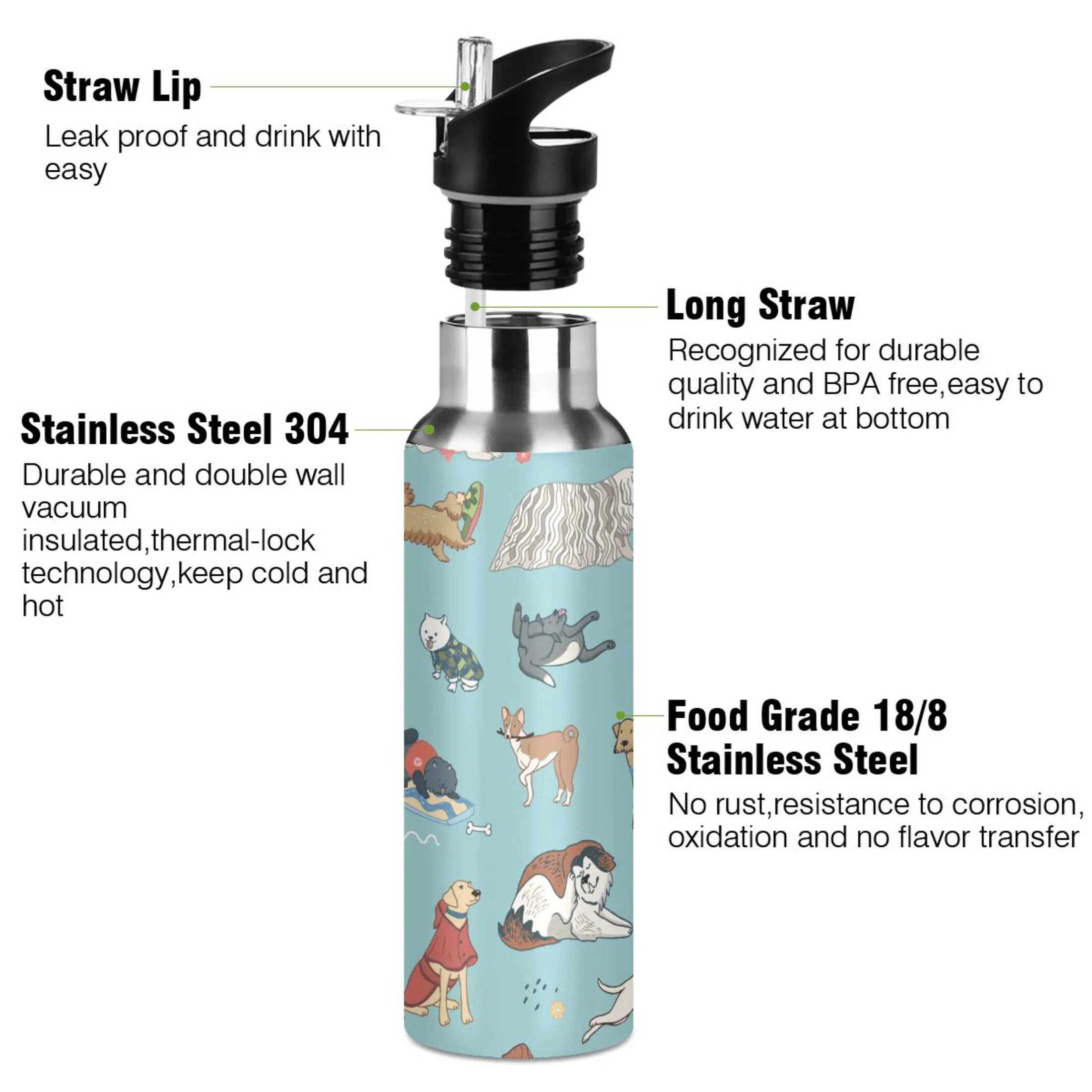 Funny Dogs Water Bottles Insulated Thermos Kids Stainless Steel Bottle with Straw Lid Flask Leakproof for Sports Gym 20 oz