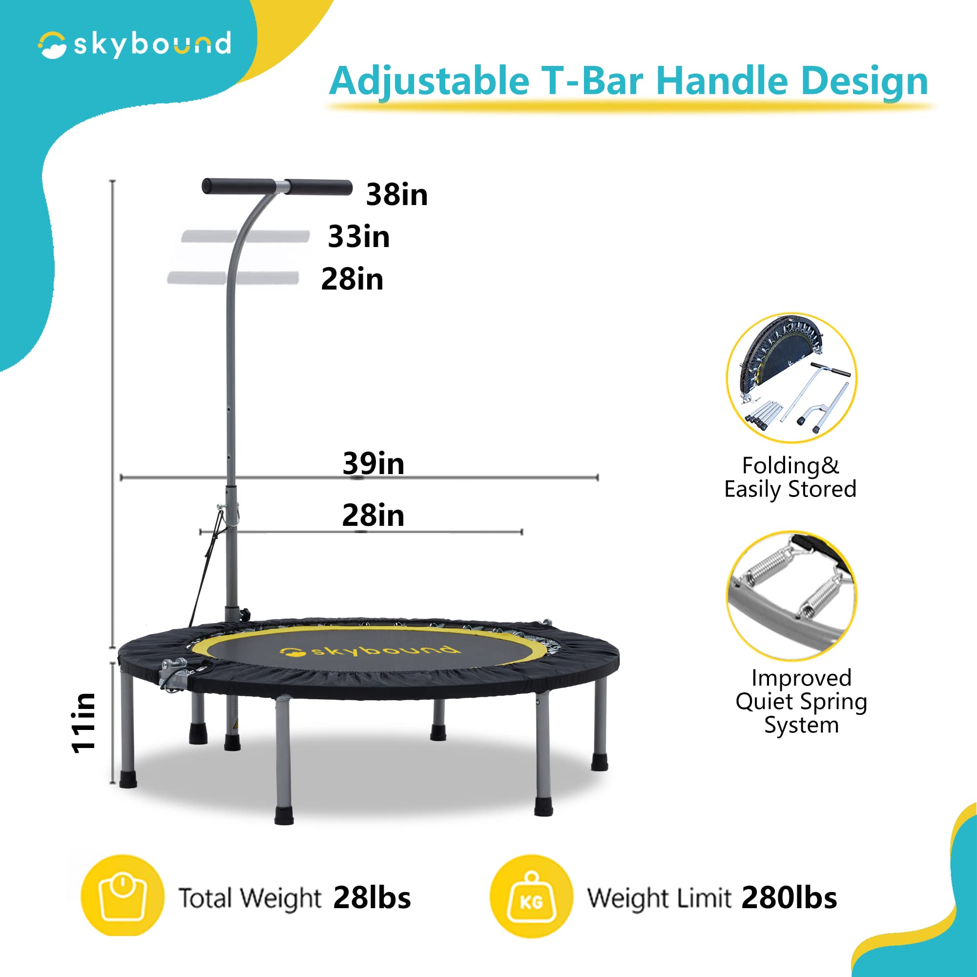 SkyBound Boogie Bounce Foldable Mini Trampoline 39 Inch, in-Home Cardio Fitness Rebounder with Adjustable T-Bar Handle,Exercise Trampoline for Adult, Fitness Trampoline for Workout Trainer
