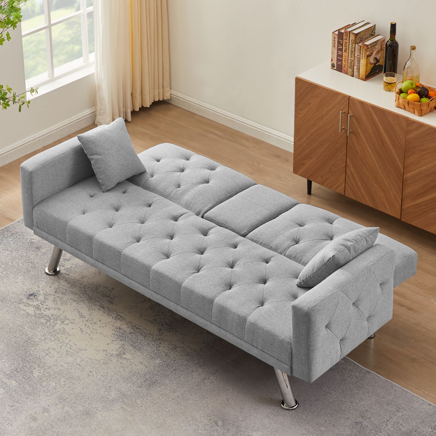 Grey Linen Convertible Sofa Bed w/ Square Arm Armrests, Comfortable, Multi-Functional